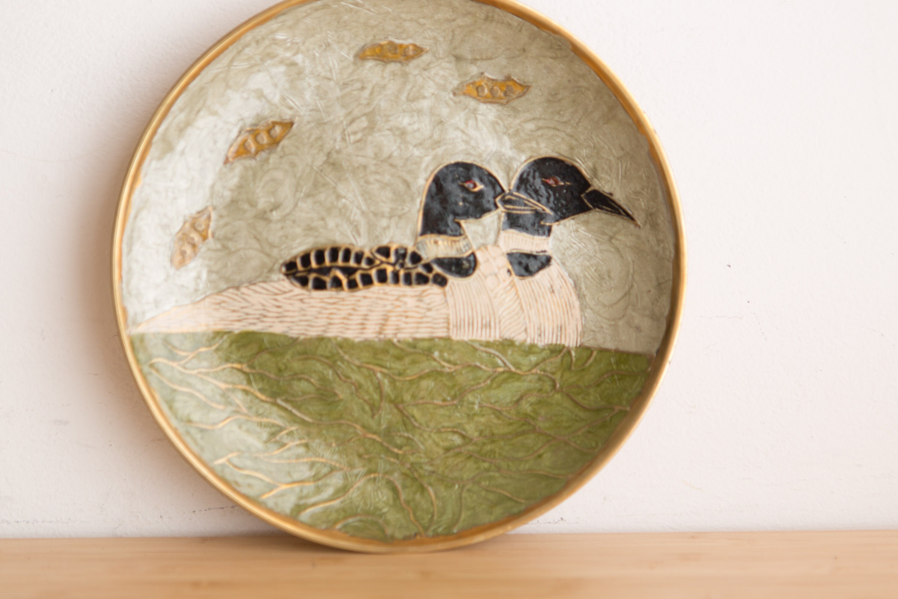 Vintage Brass Loon Wall Plate Decorative Canadian Wildlife Themed Plate with Birds
