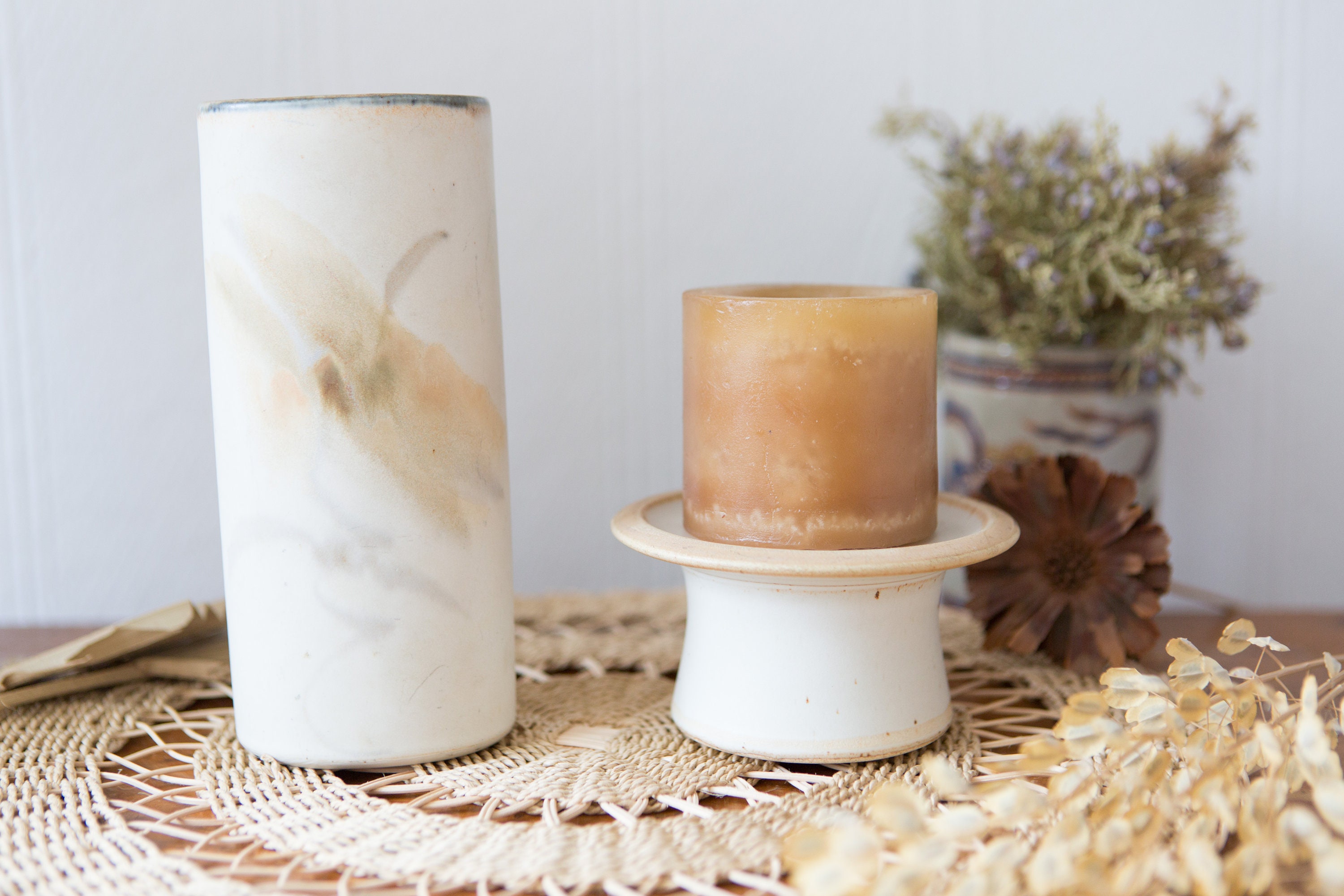 Handmade Ceramic Vase and Candle Holder Earthy Cream Coloured Vintage