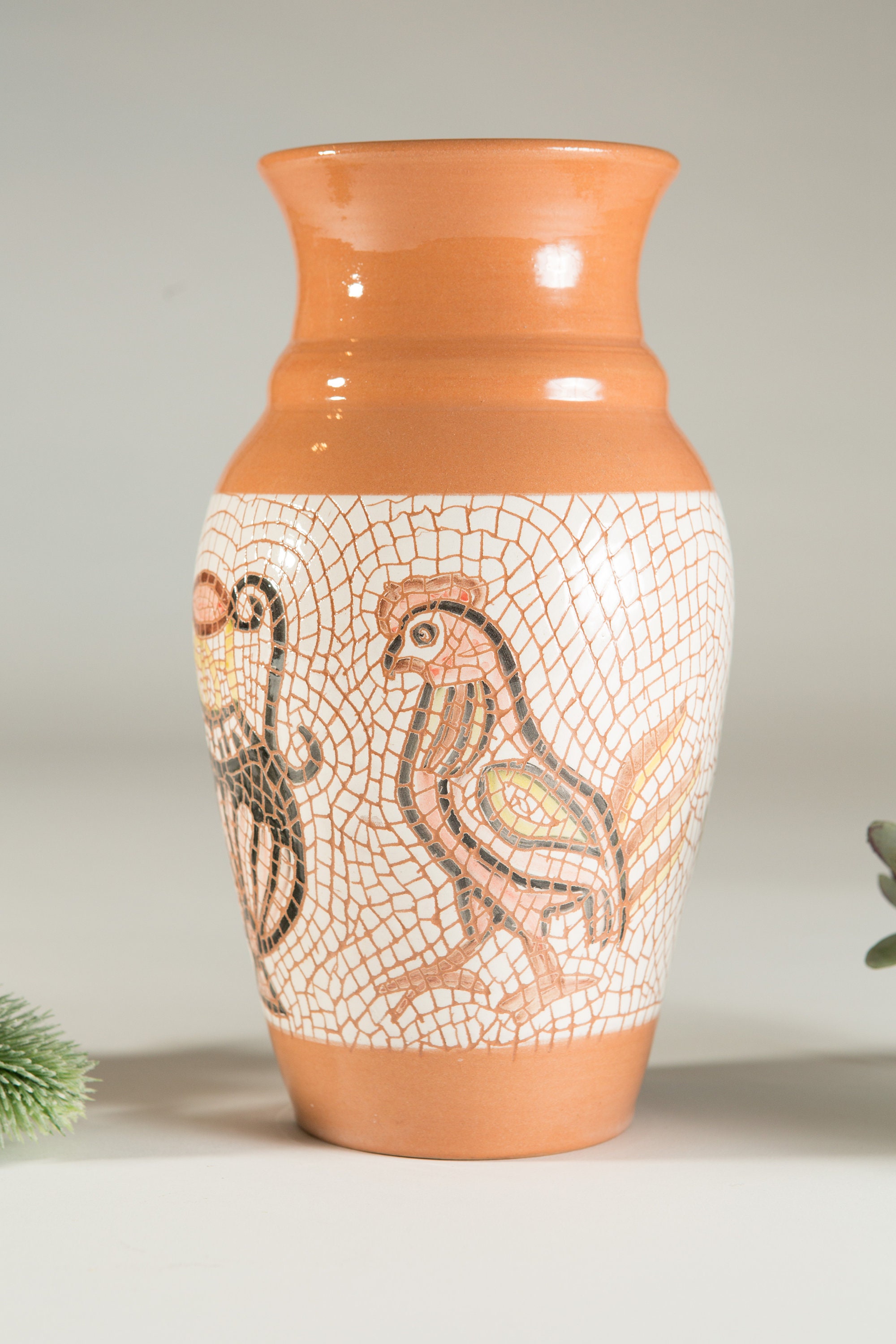 Mosaic Style Vase Italian Terracotta Vase Vintage Studio Pottery Art Vase for Flowers