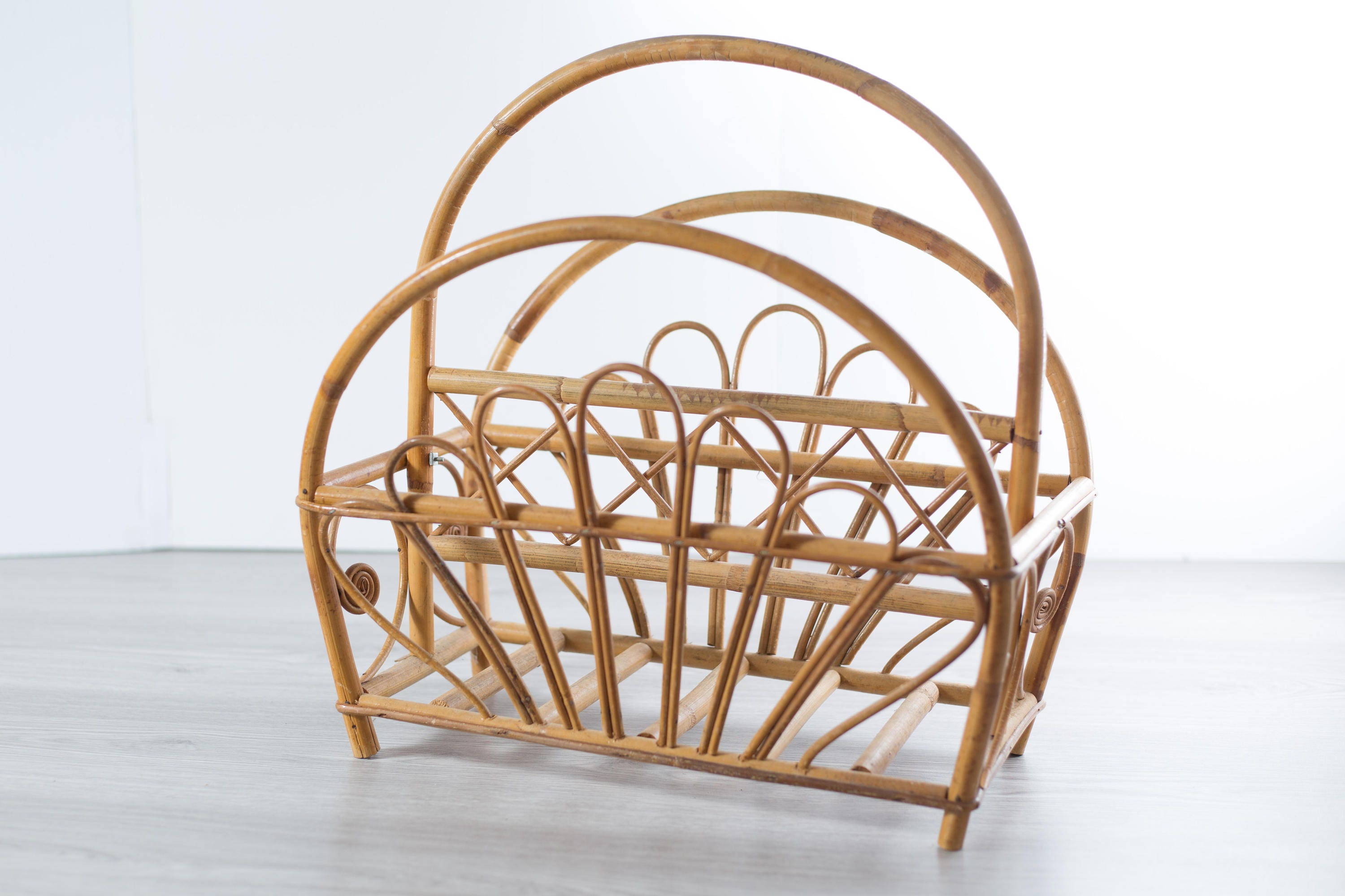 Vintage Rattan Wicker Magazine Rack with Ornate Pattern and Carrying