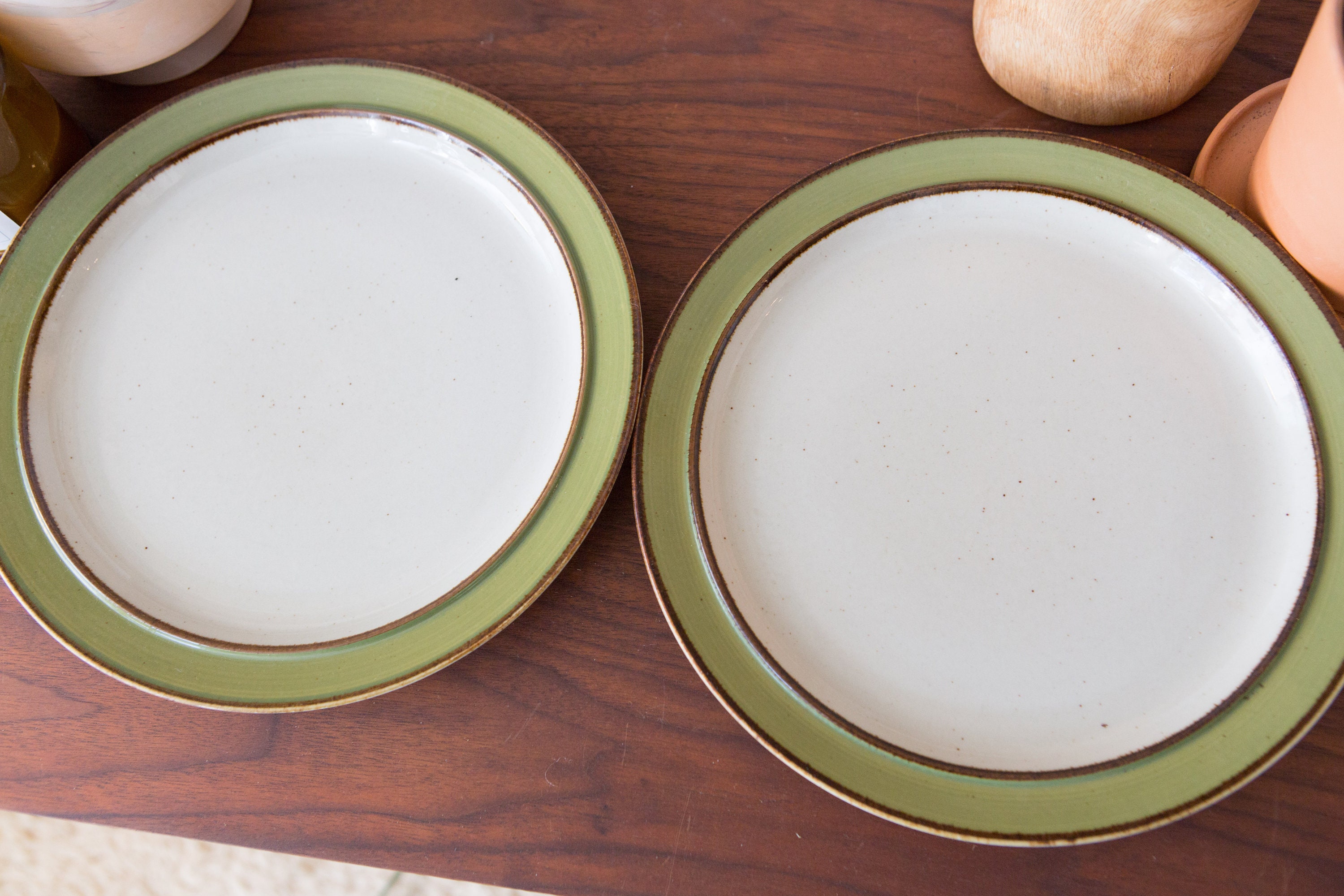 Vintage Dinner Plates / Pair of White and Green Rainbow Stoneware 656