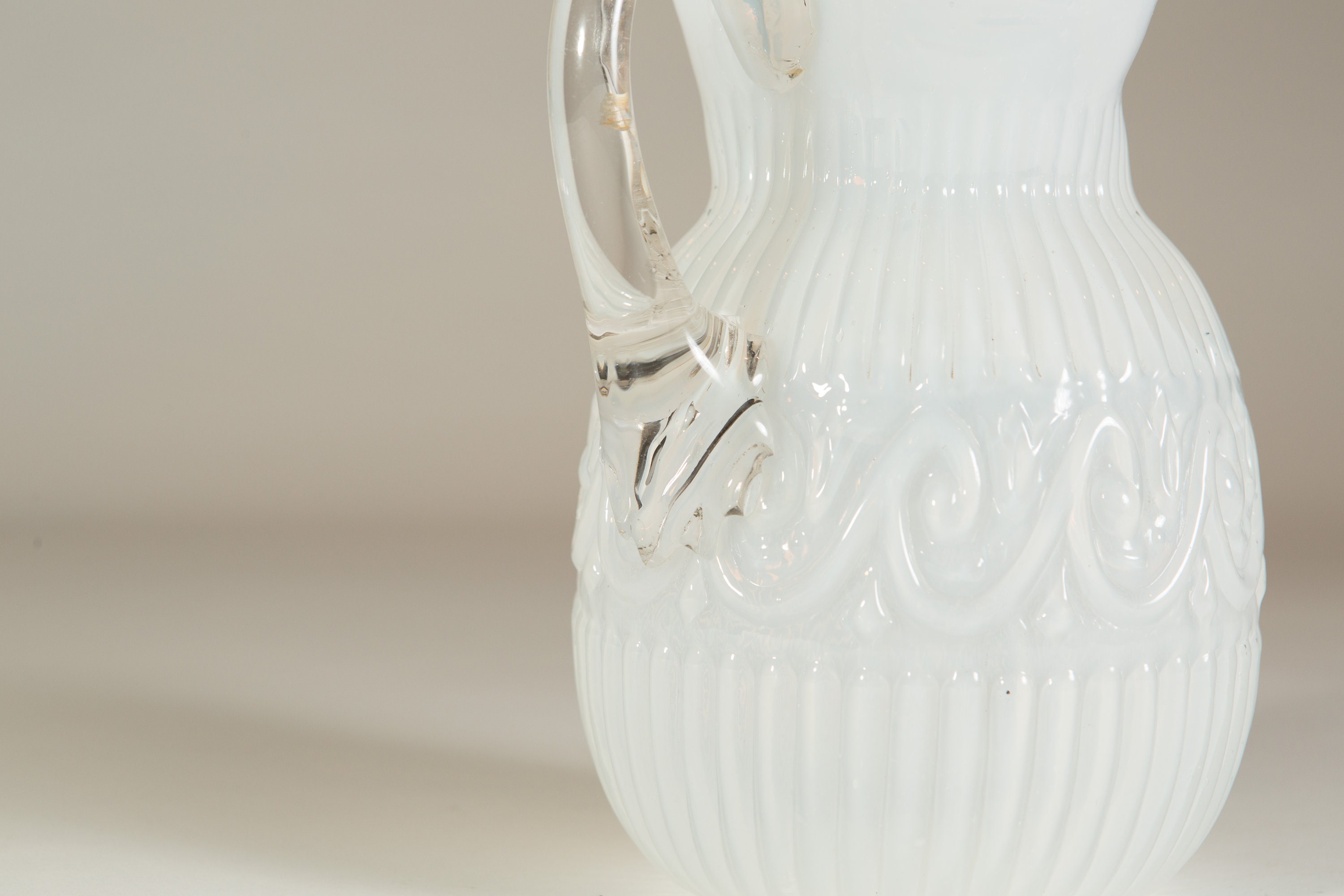 Antique White Glass Pitcher Late 1800's Pleated Opalescent Cocktail