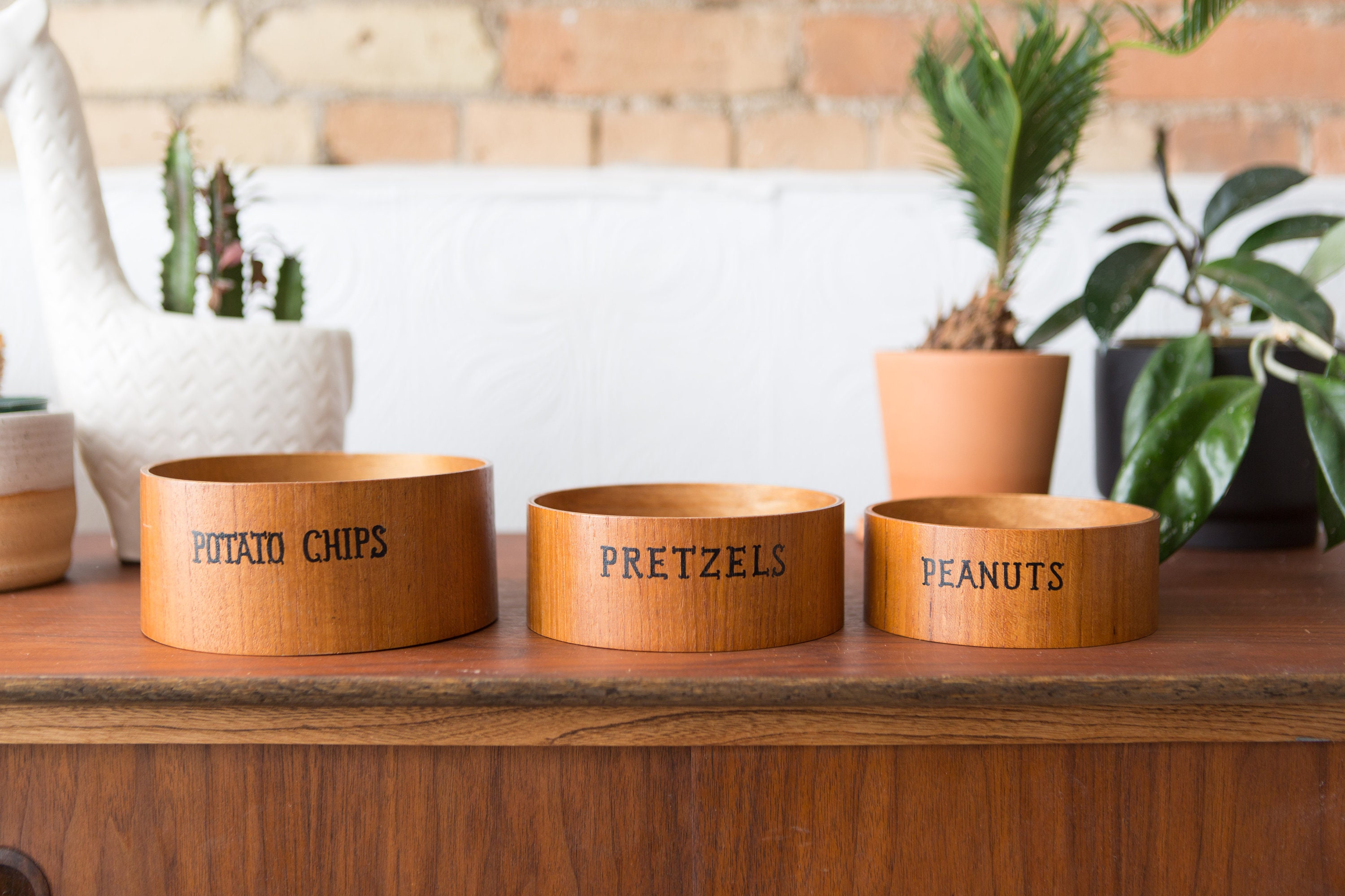 Vintage Snack Bowls Pretzels, Peanuts and Chip Wooden Food Safe Snack