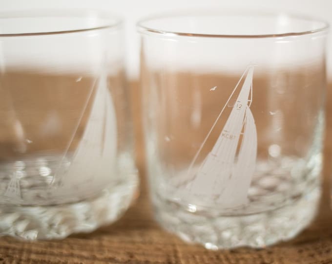 4 True North KC87 Whisky Bar Glasses - 8oz Nautical Ocean Design with Ship and Birds at Sea / 80's / 90's Cocktail Barware