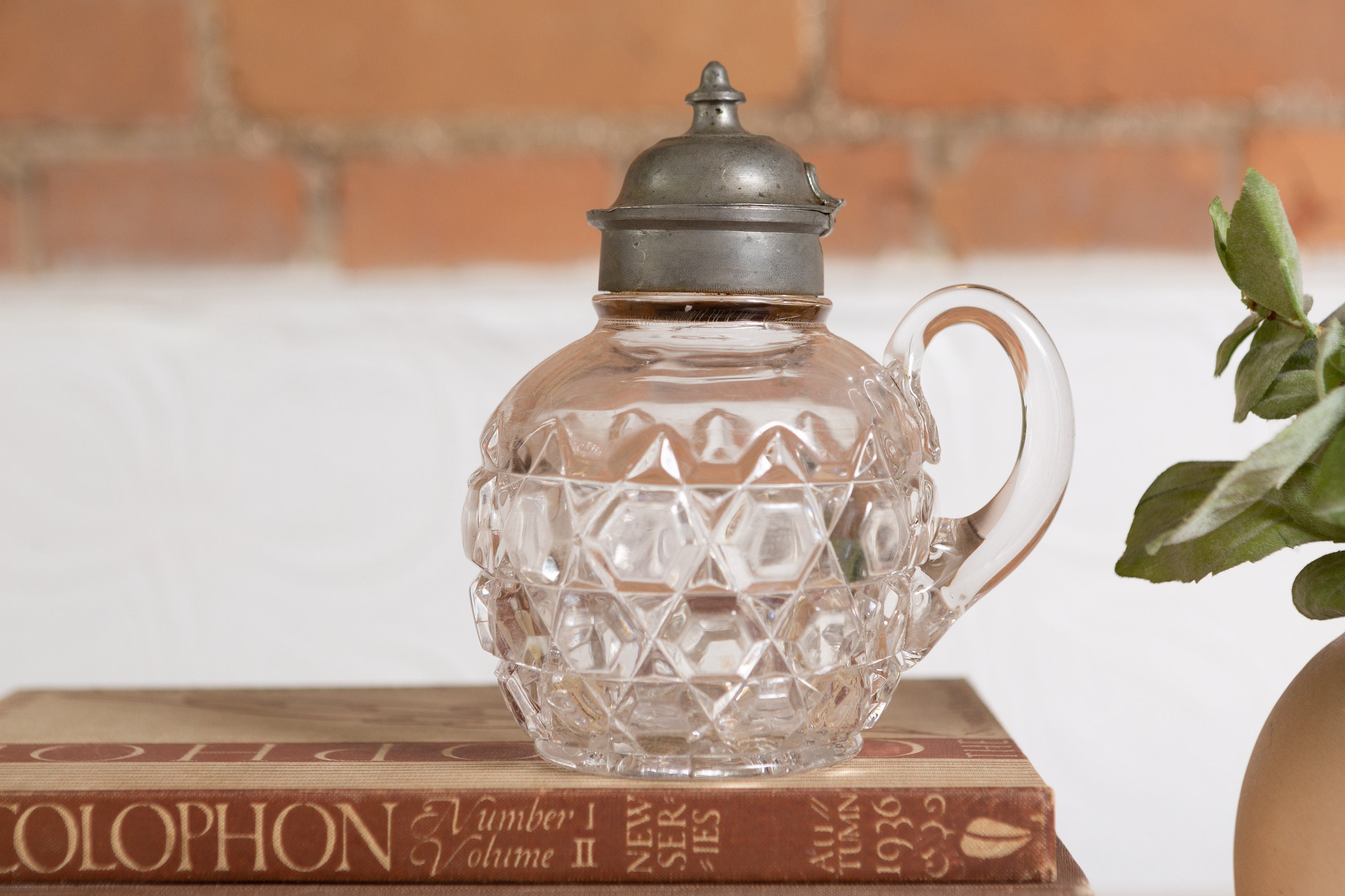 Antique Syrup Pitcher EAPG 19th Century Clear Glass Syrup Pitcher