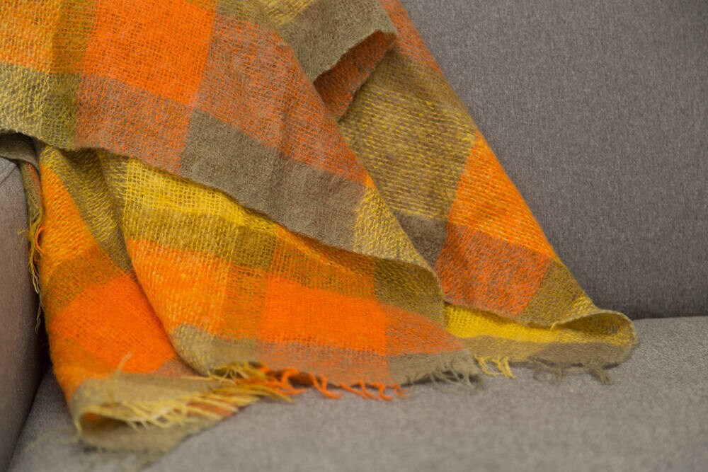 Orange Plaid Blanket / HBC Hudson's Bay Mohair and Wool Throw Vintage