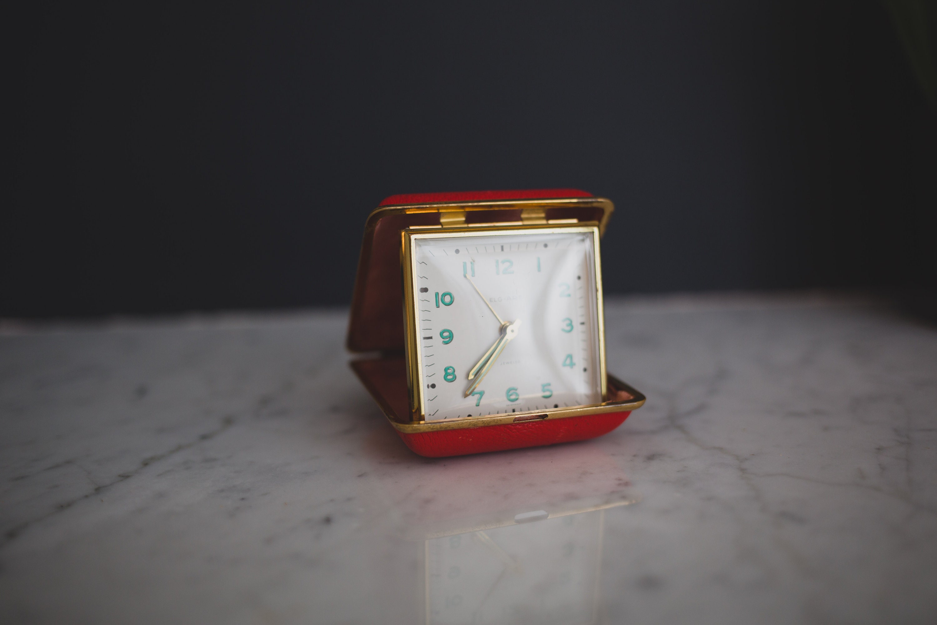 Gold Windup Alarm Clock in Portable Red Clasp Case Vintage Elg Art