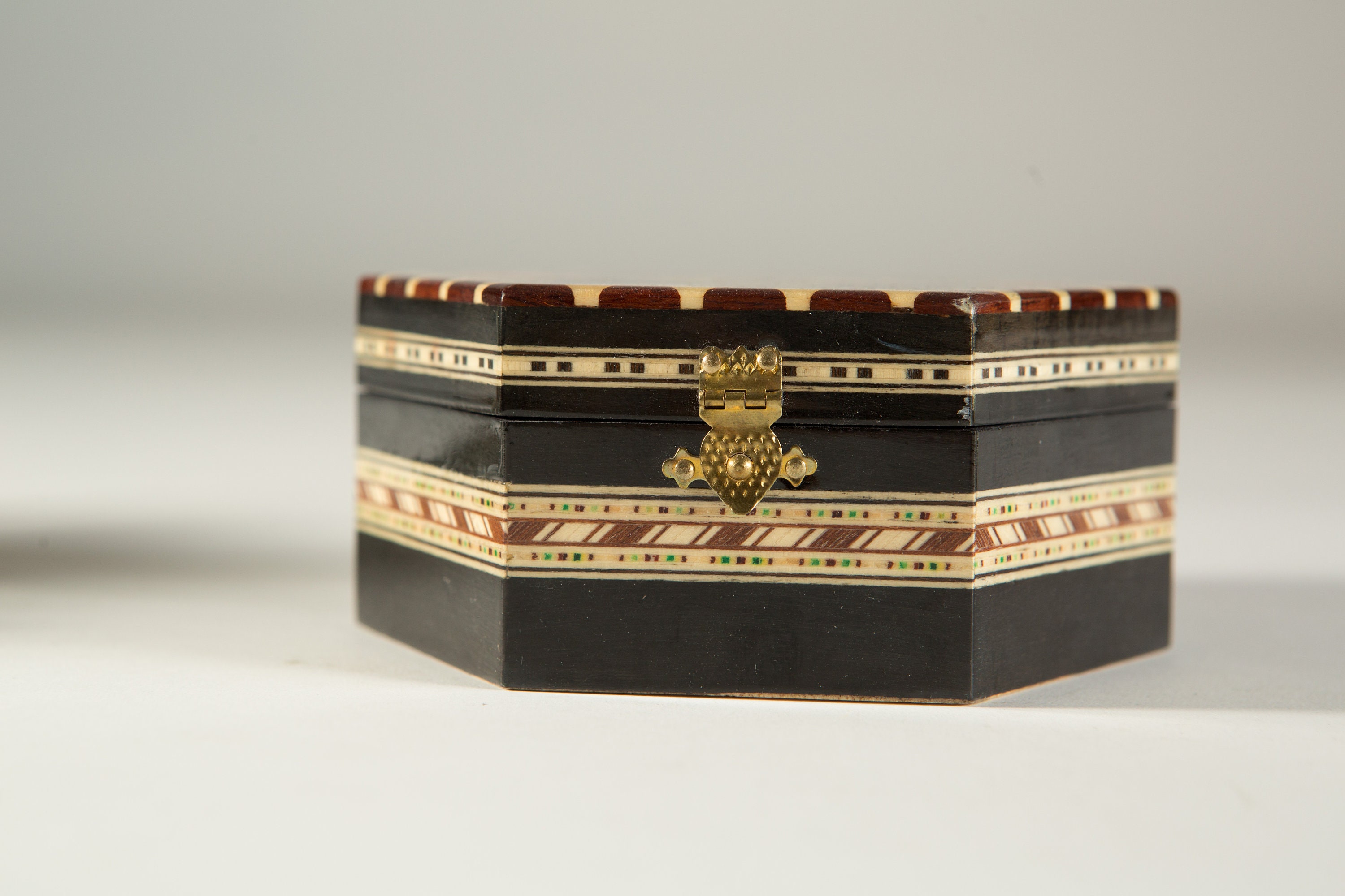 Vintage Spanish Hexagon Trinket Box with Wood Inlay Handmade