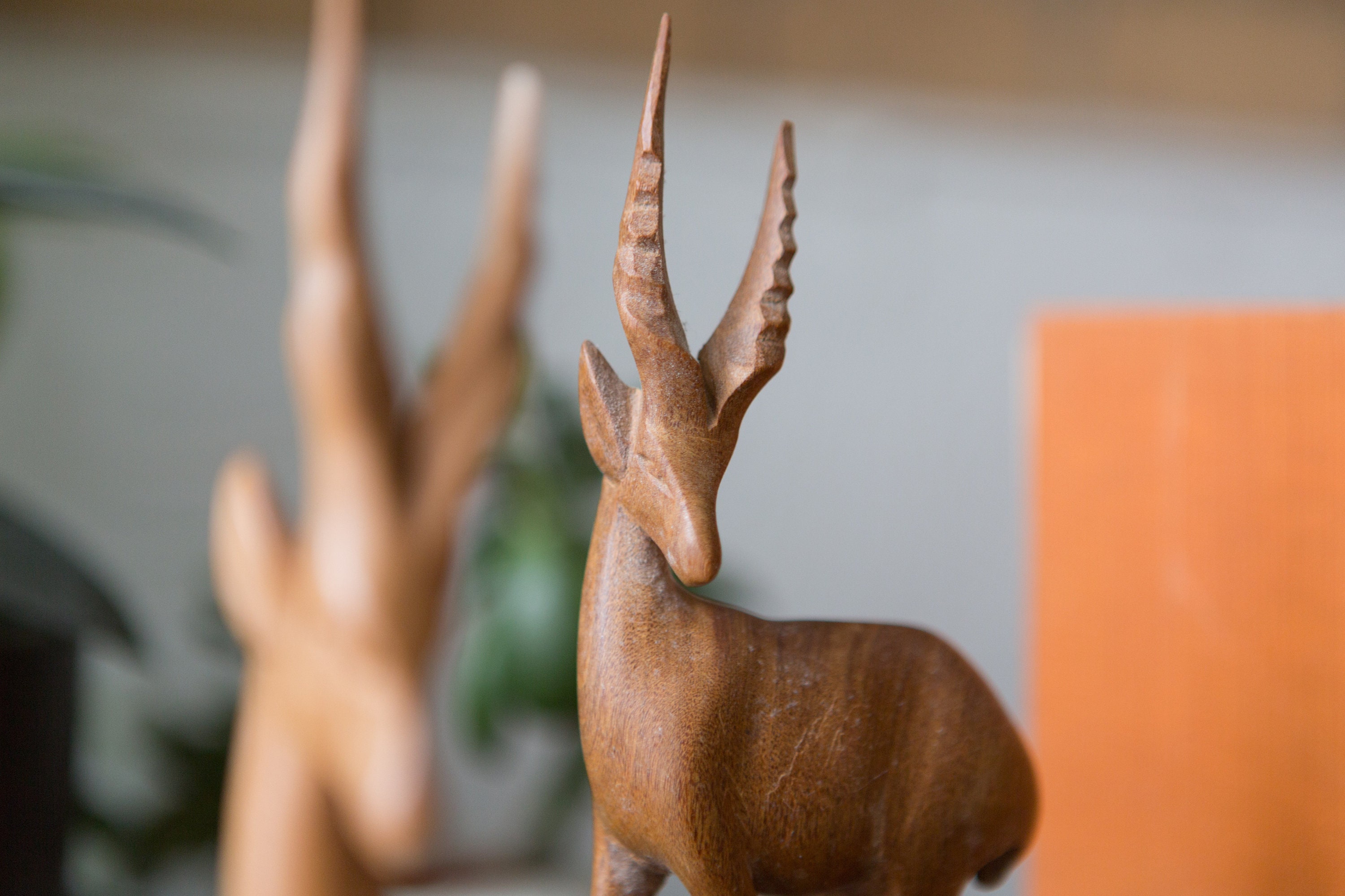 Vintage Deer Statues Mid Century Modern Gazelle Artwork Hand Carved