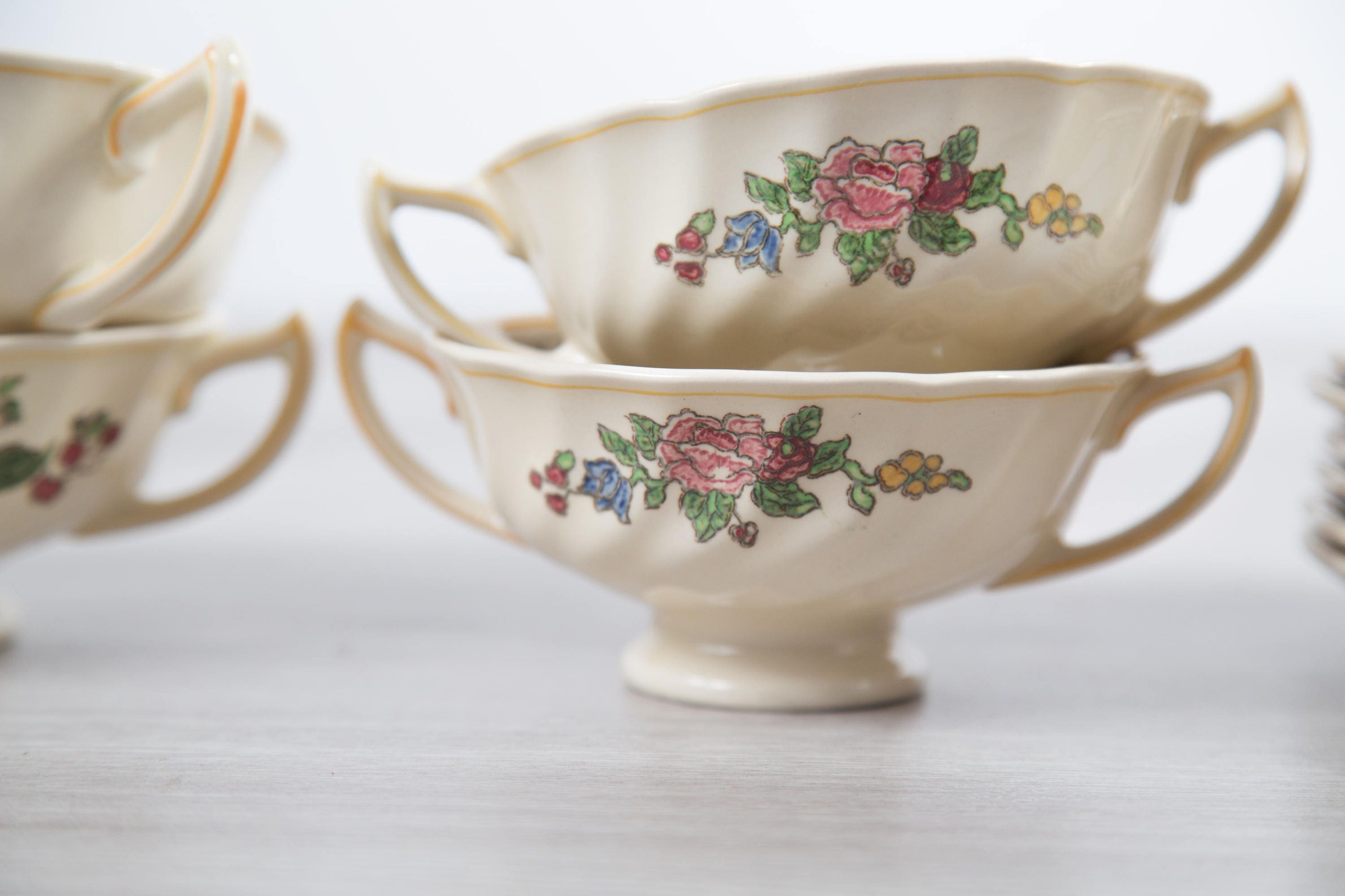 Vintage Floral Soup Bowls 6 Set of 1940's Royal Doulton The Cavendish