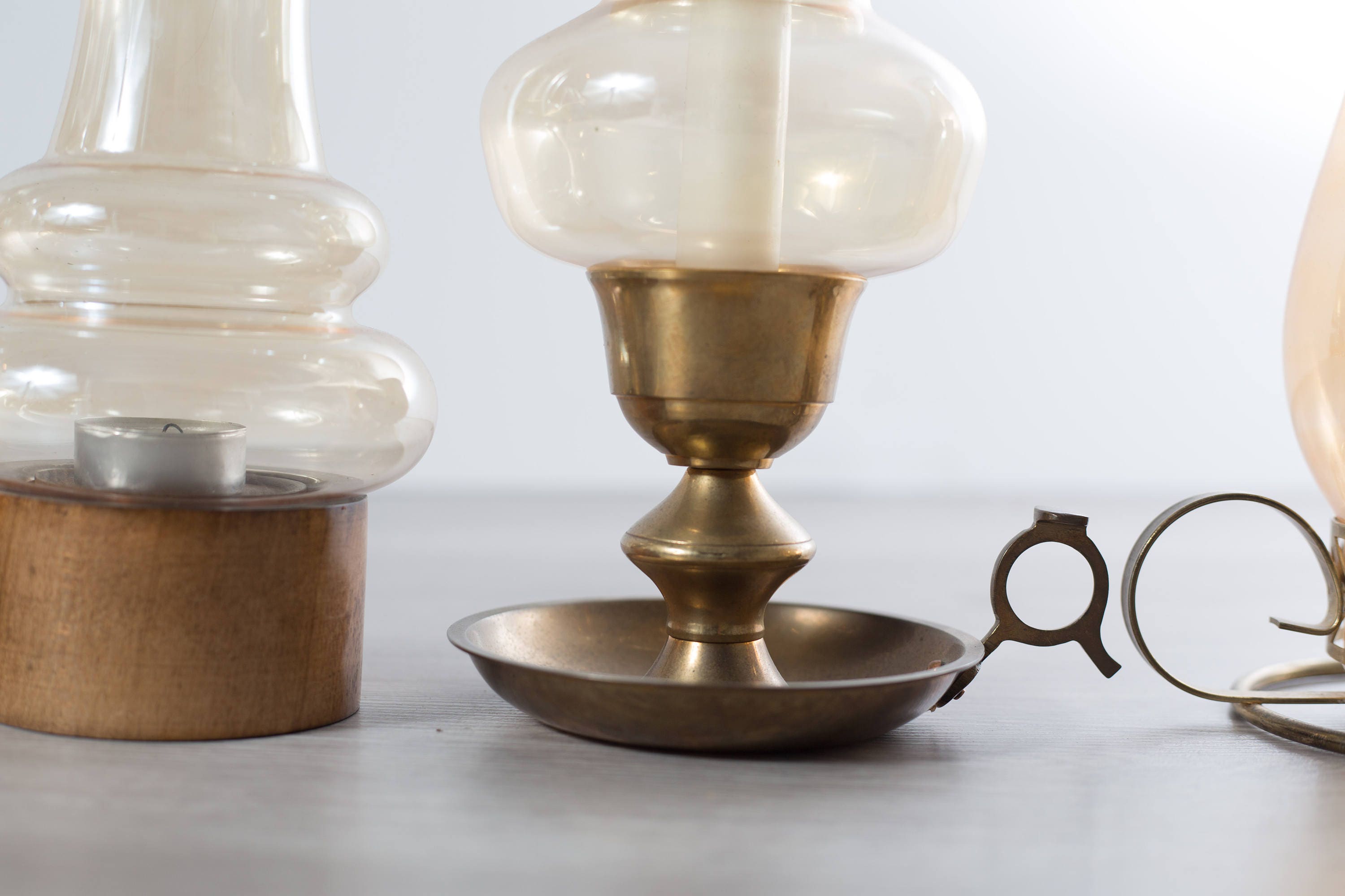 Chimney Candle Lanterns / Wood and Brass Tea Light Candlestick Holders