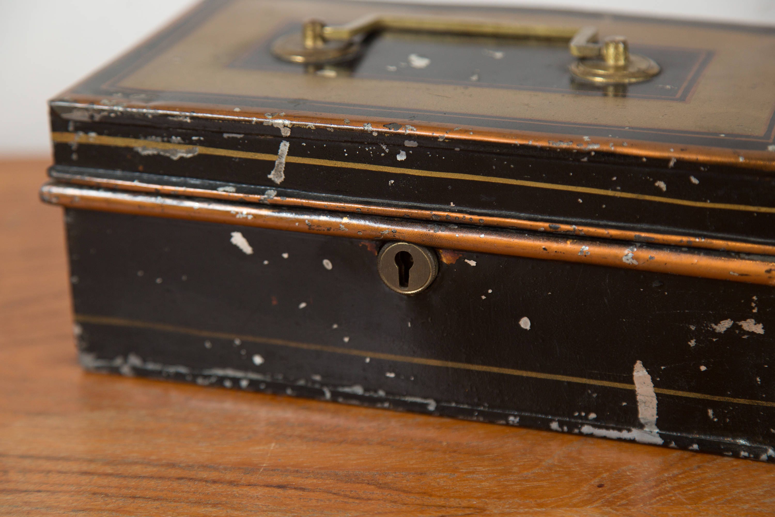 Vintage Metal Cash Box Gold and Black Banker's Box Coins Petty Cash