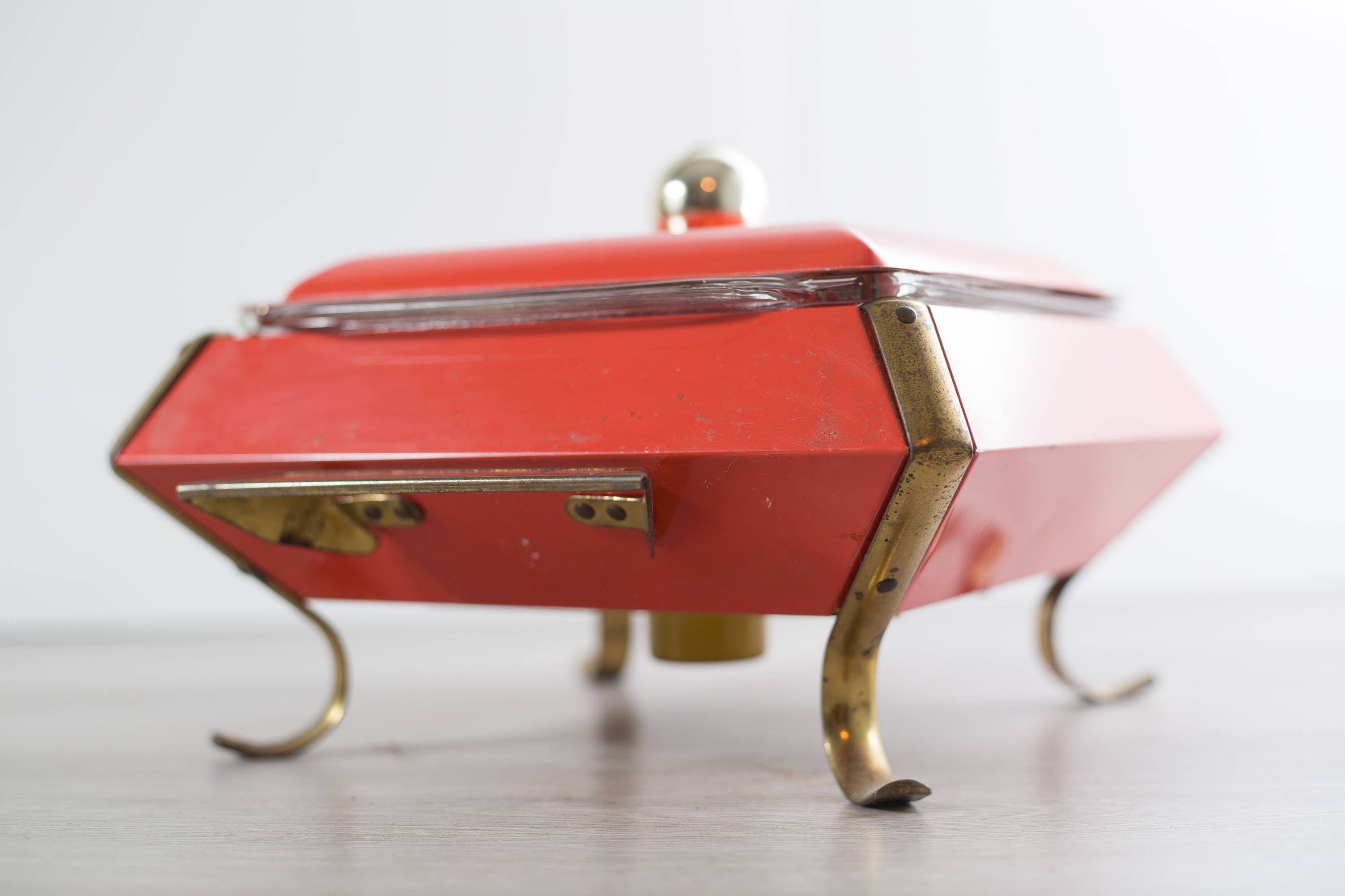 Vintage Casserole Dish Coral and Brass Dinner Dish Warmer Space Age Atomic Square