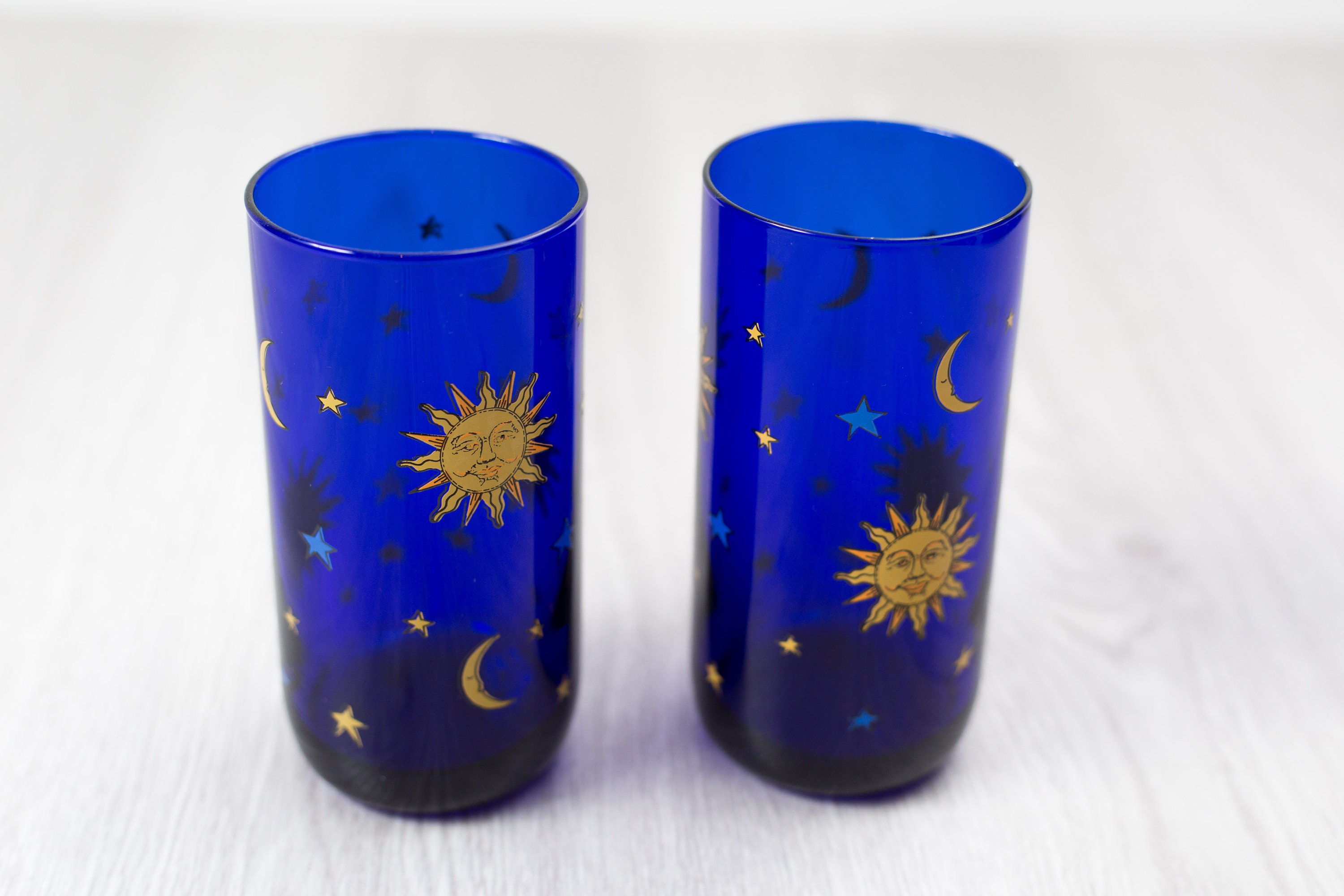 Pair Blue Drinking Glasses Vintage Libbey Cobalt Blue Celestial Sun