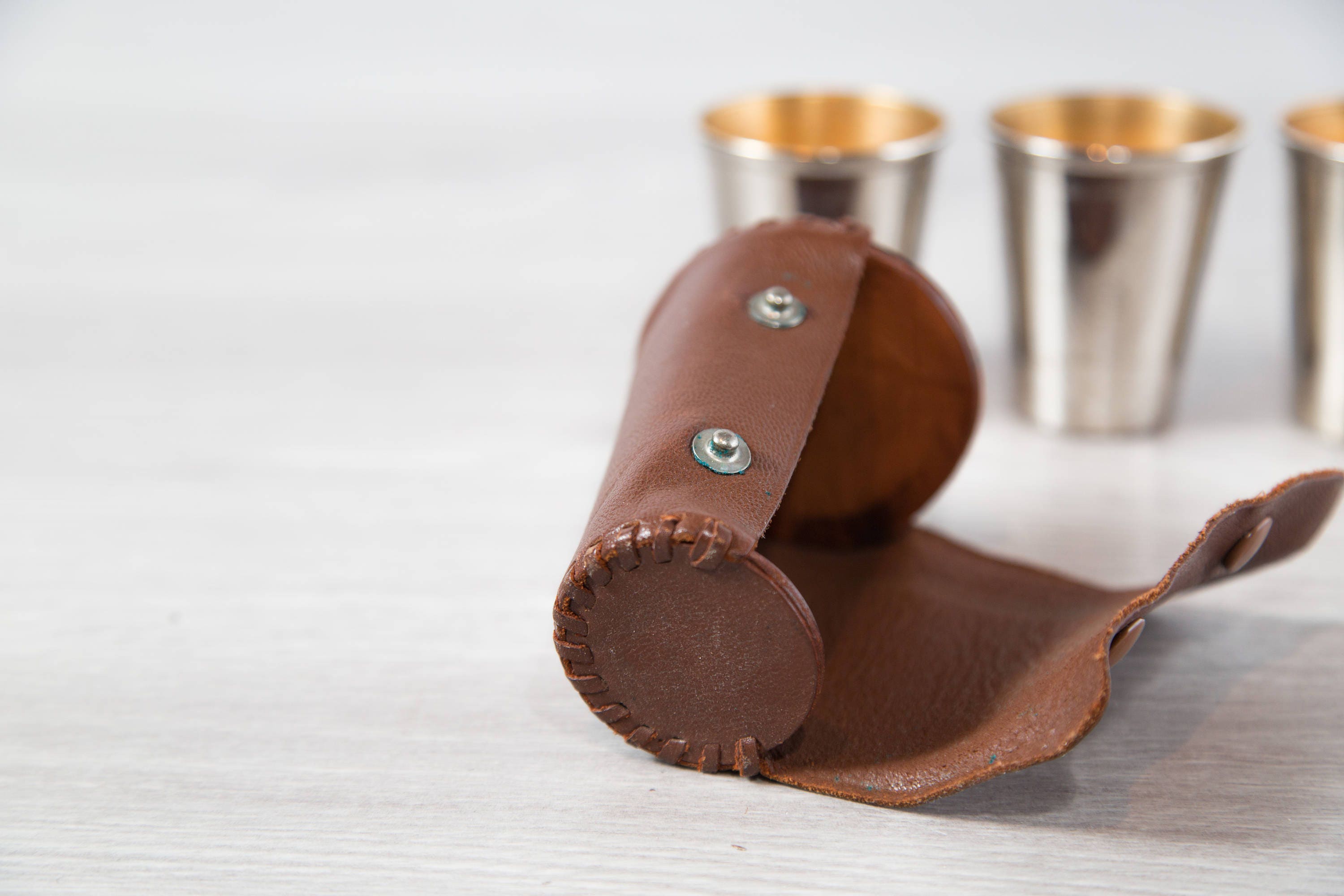 Vintage Travel Cups / Metal Cups with Leather Encasing / Camping Cups