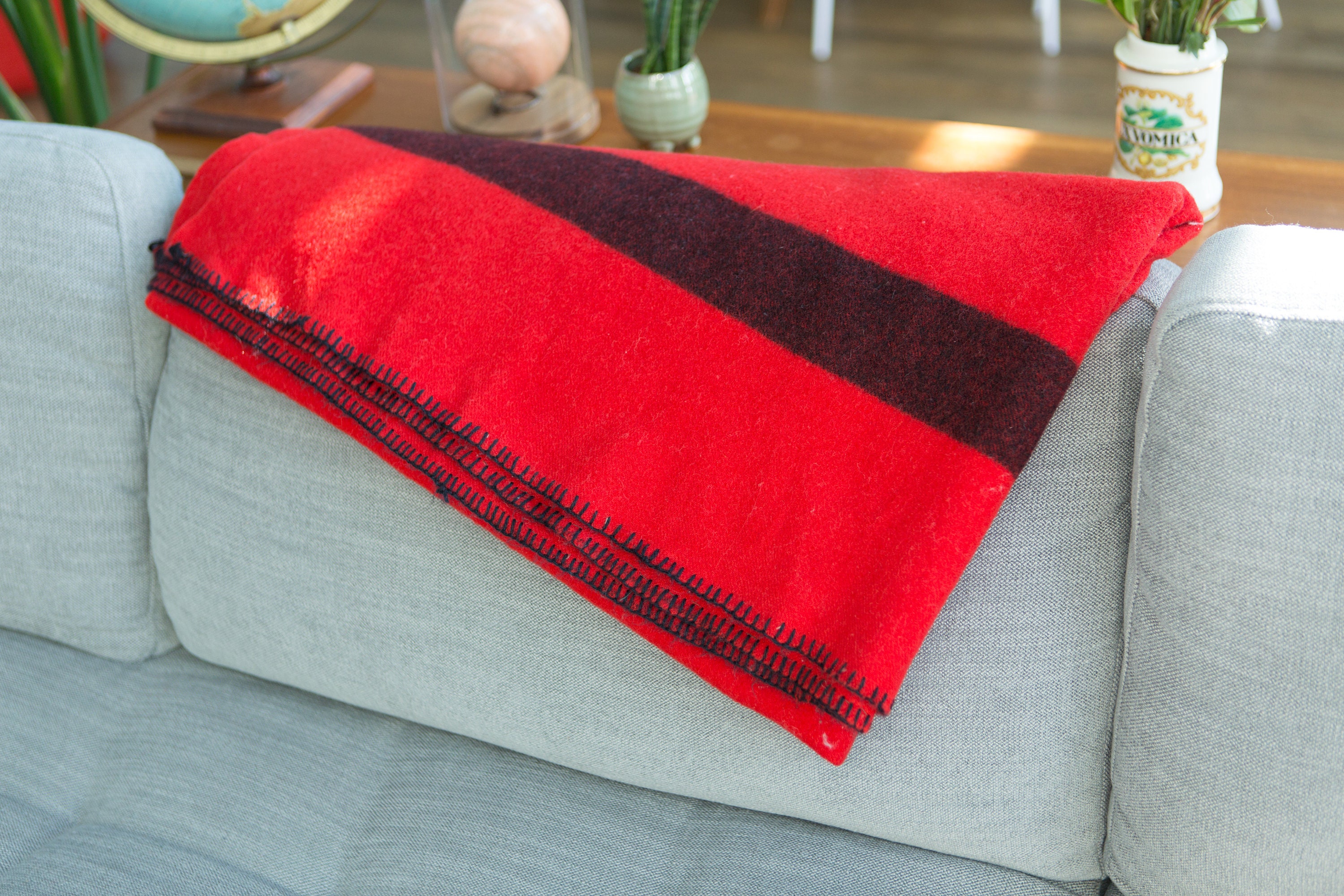 Vintage Striped Blanket Red and Black Wool Stripe Throw Cottage