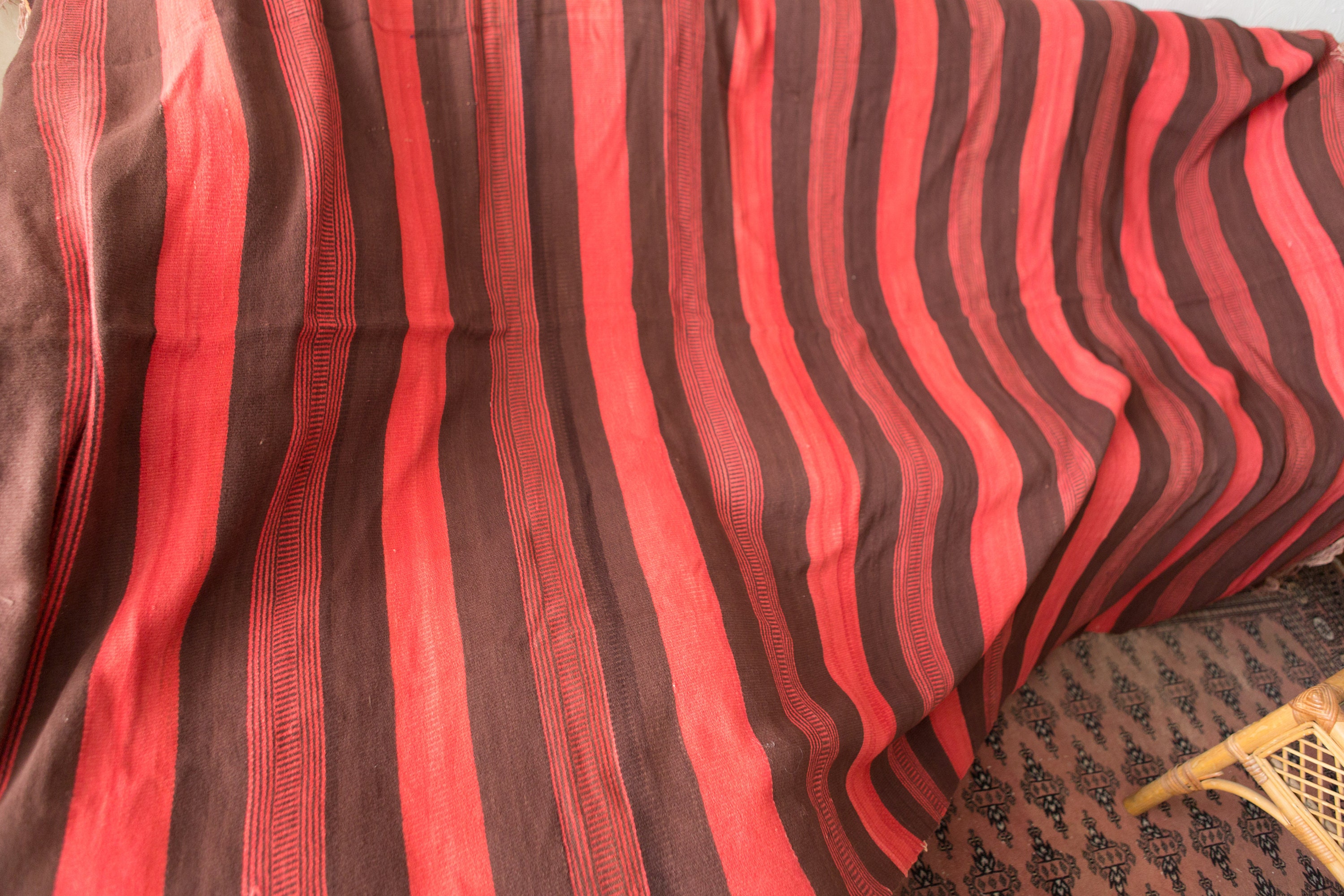 Vintage Bed Cover / Area Rug Loom Woven Red and Brown Wool Blanket