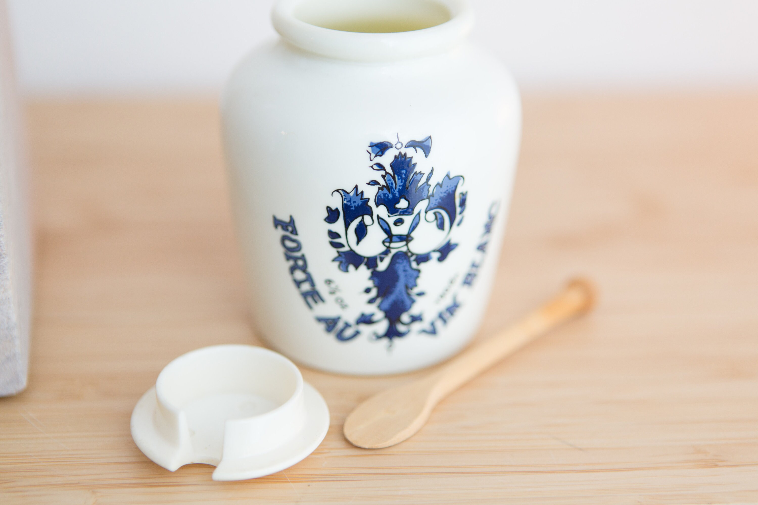 French Mustard Jar Vintage Milk Glass Blue Painted Lidded Kitchen