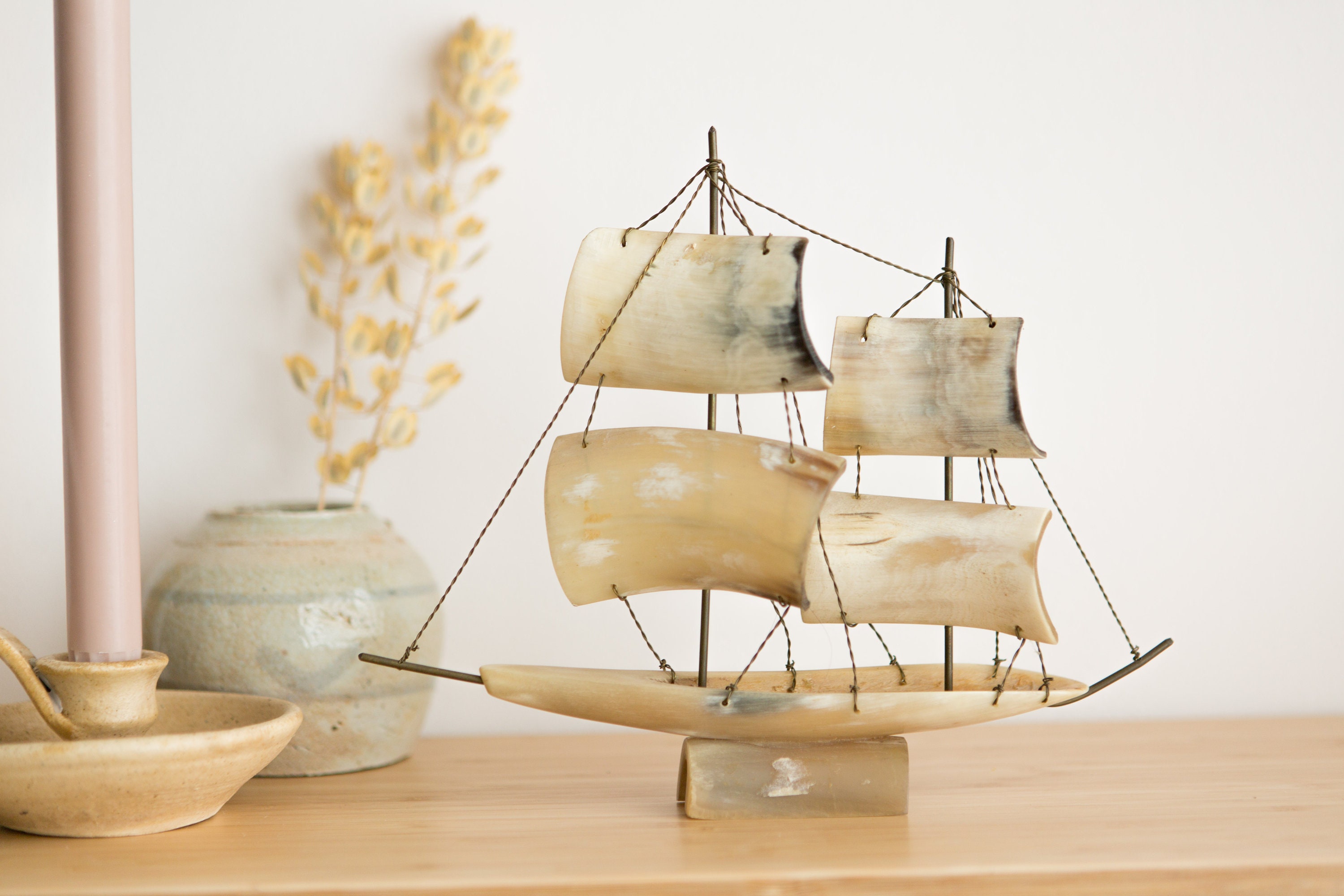 Vintage Sailboat Ship Made of Horn Desk Decor Sailing Ship Ornament