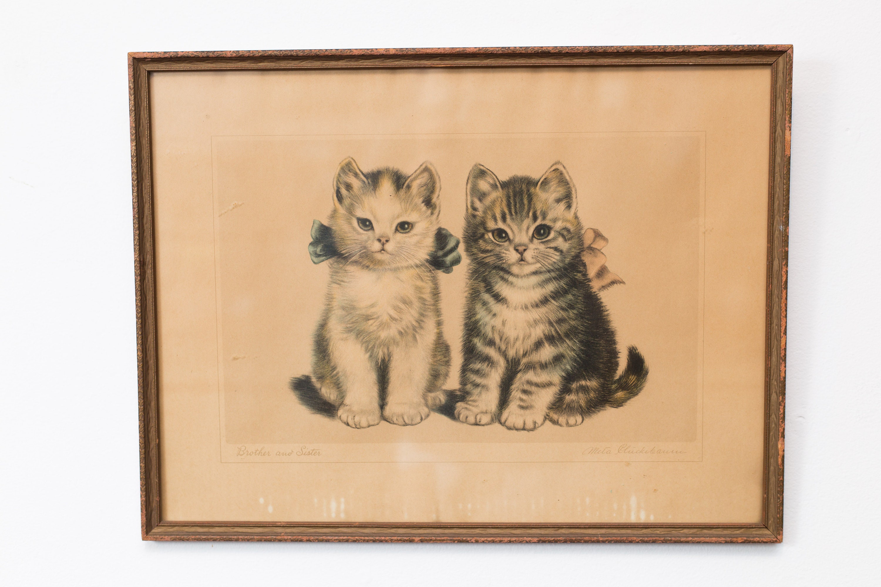 Antique Cat Lithograph Framed Print of Brother And Sister Kitty Cats