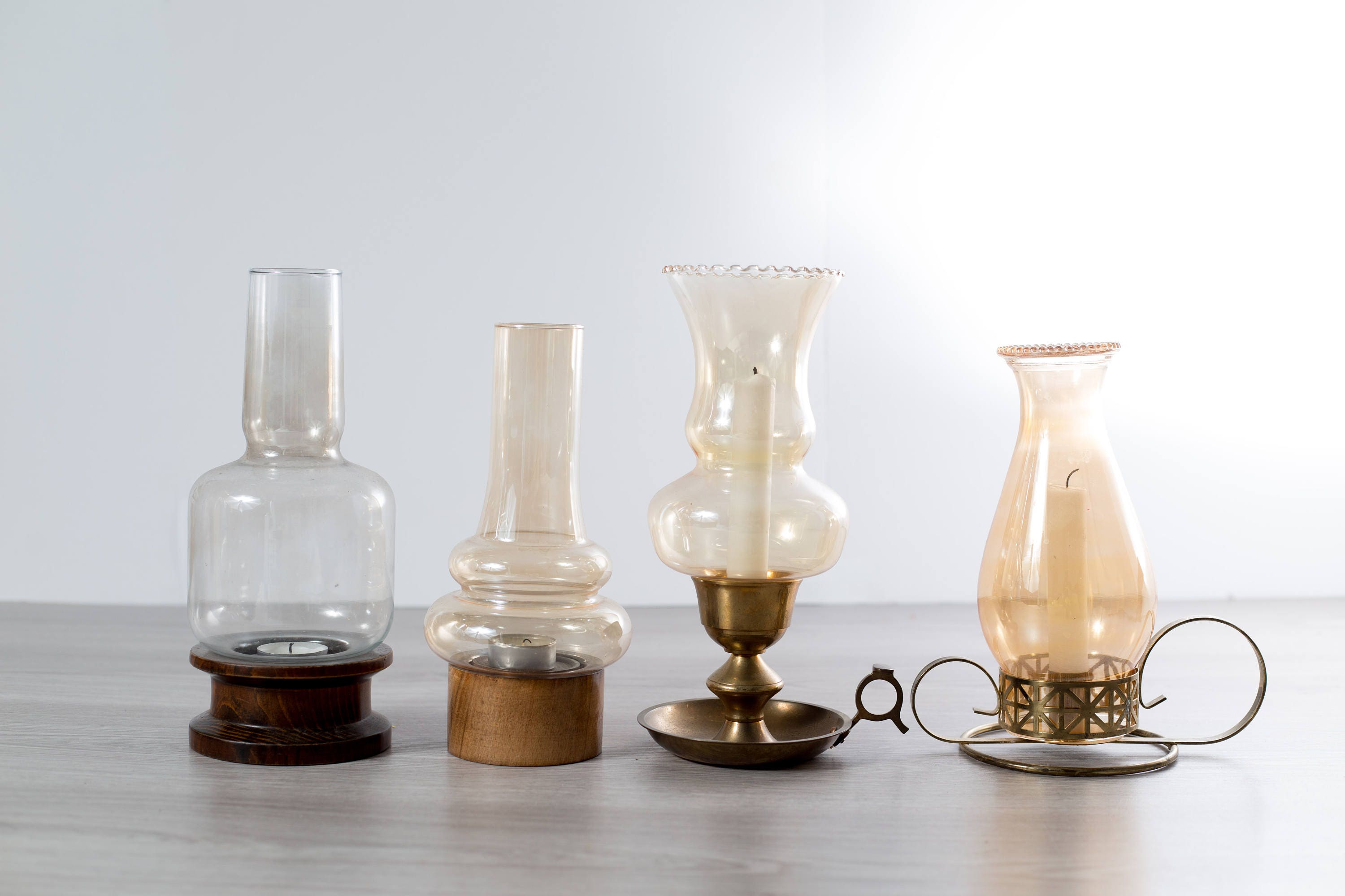 Chimney Candle Lanterns / Wood and Brass Tea Light Candlestick Holders