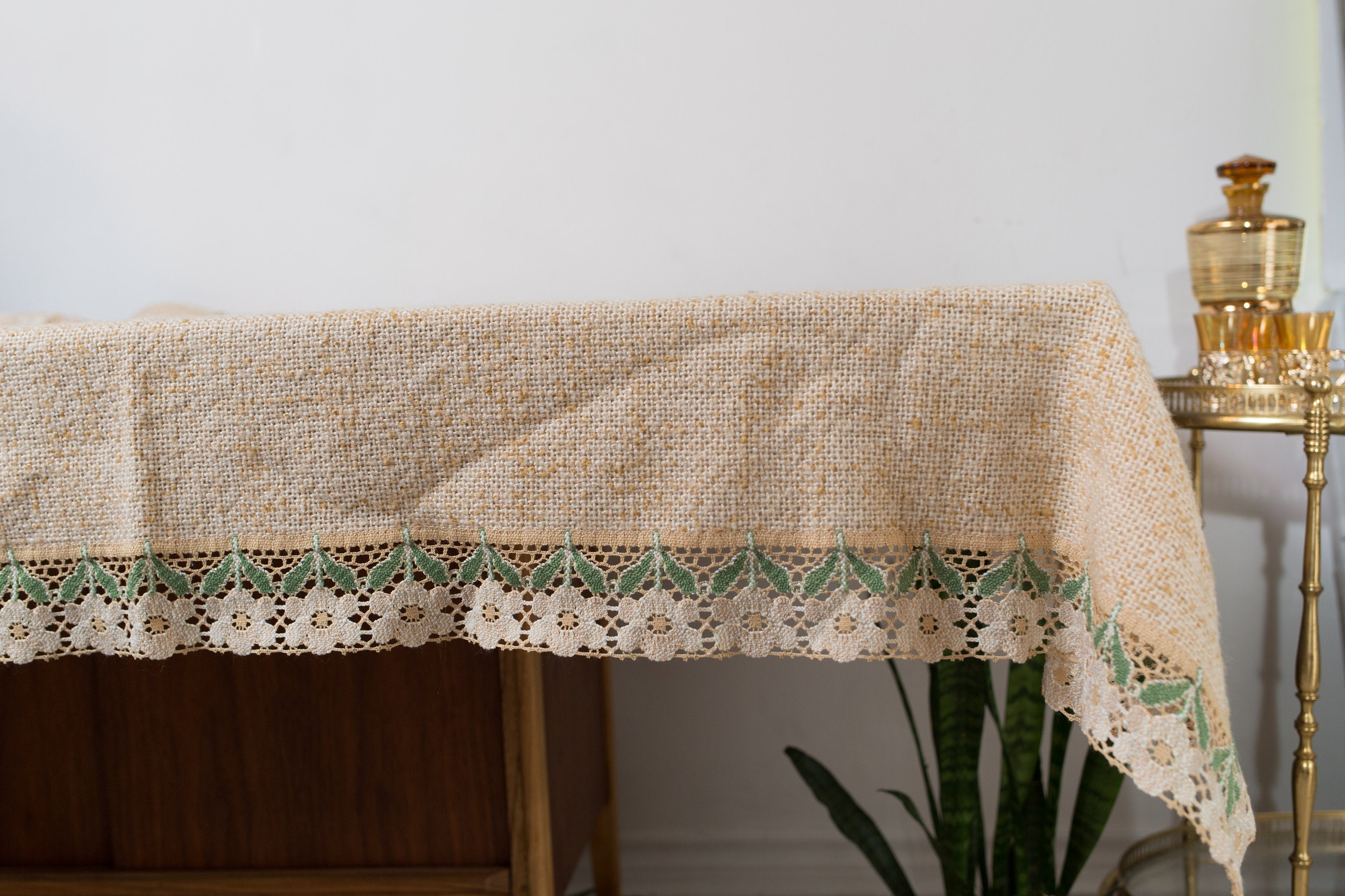Vintage Woven Tablecloth 48 x 60 inch Off White Cream Mid Century