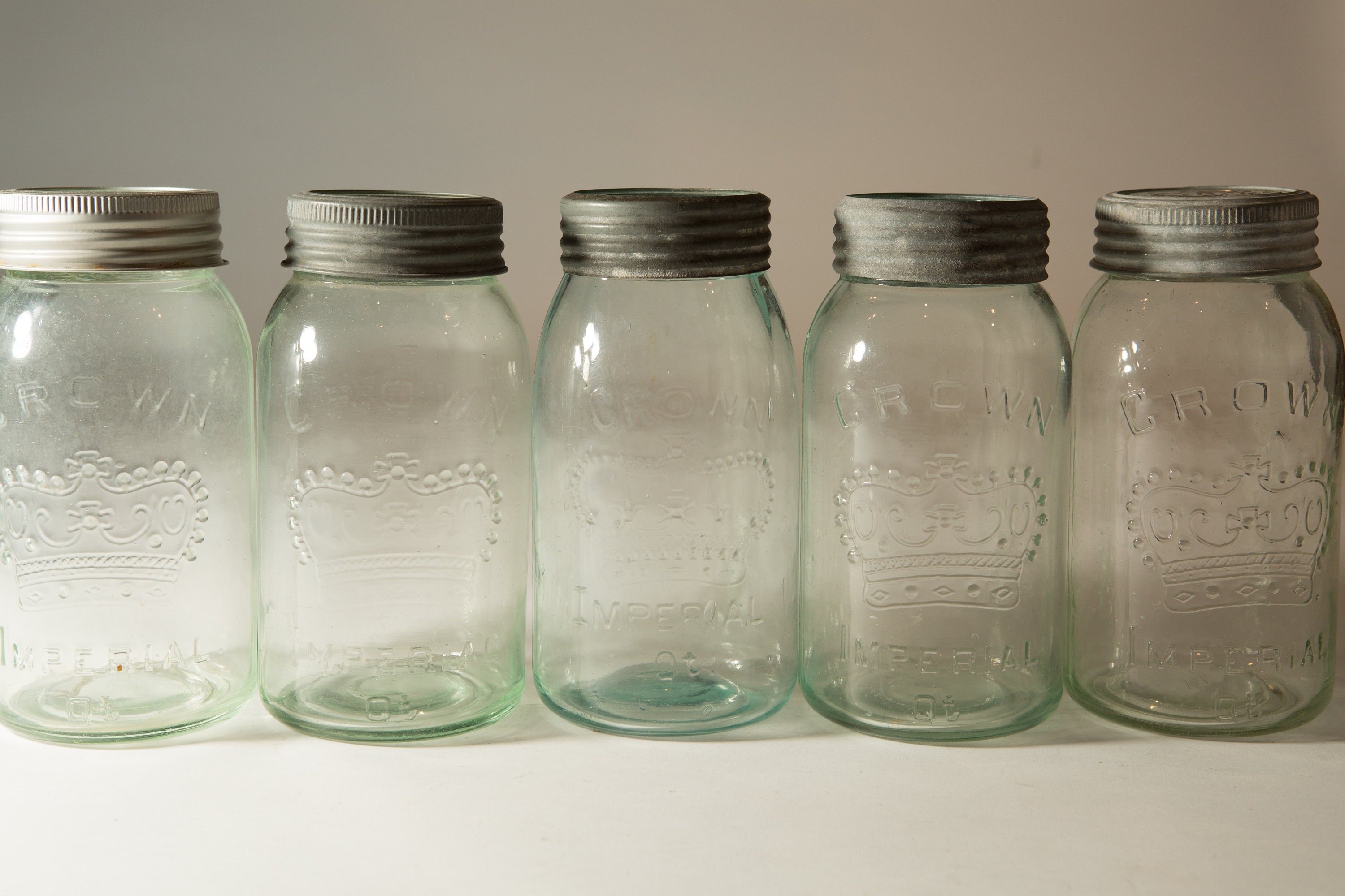 5 Vintage Crown Canning Mason Jars with Blue Glass and Zinc Lid (Made