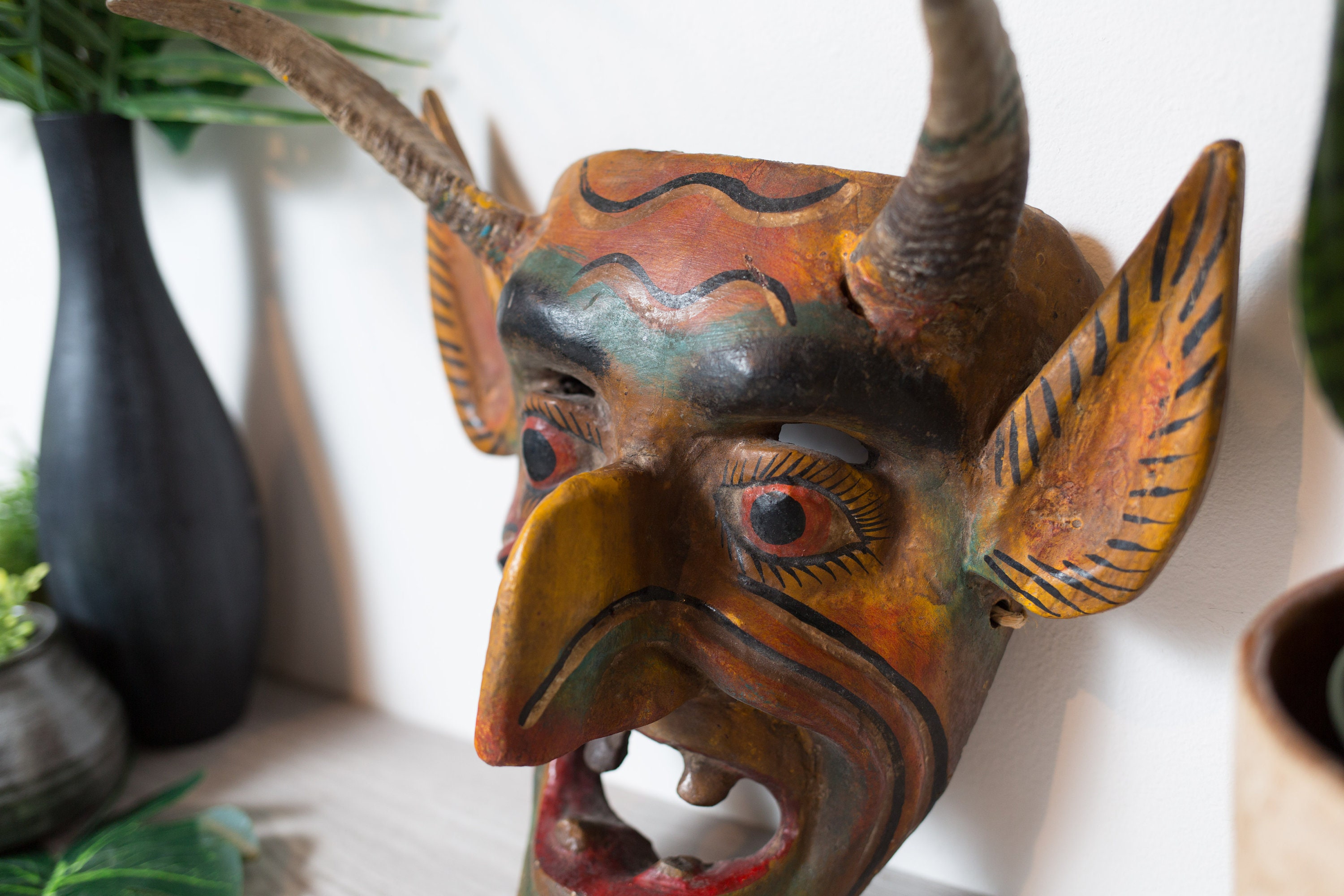 Vintage Wood Mask Wall Hanging Carved Face Hand Painted Mexican