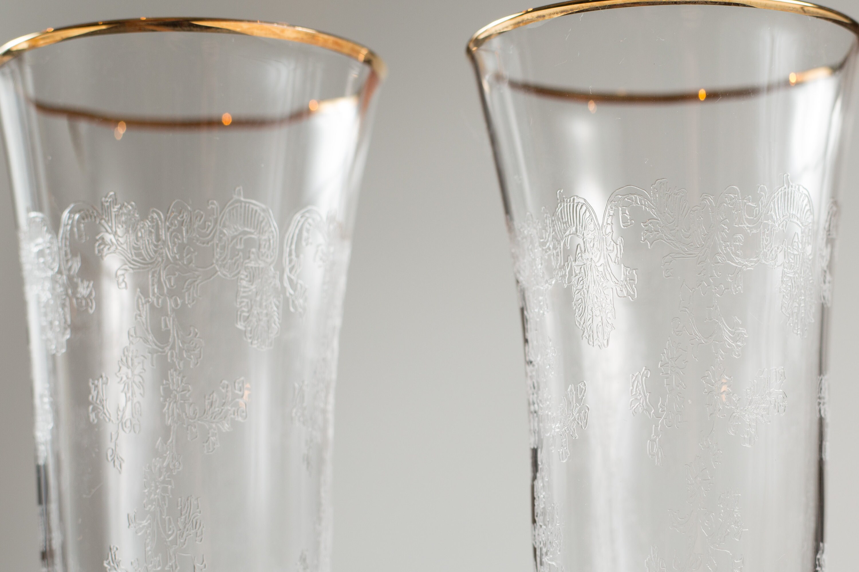 Vintage Champaign Flutes Ornate Etched Glasses with Gold Rims Mid