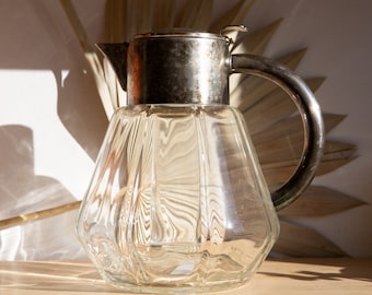 50's Glass Pitcher with Silver Plate Top and Ice Holder - Cocktail Water Jug with Metal Handle