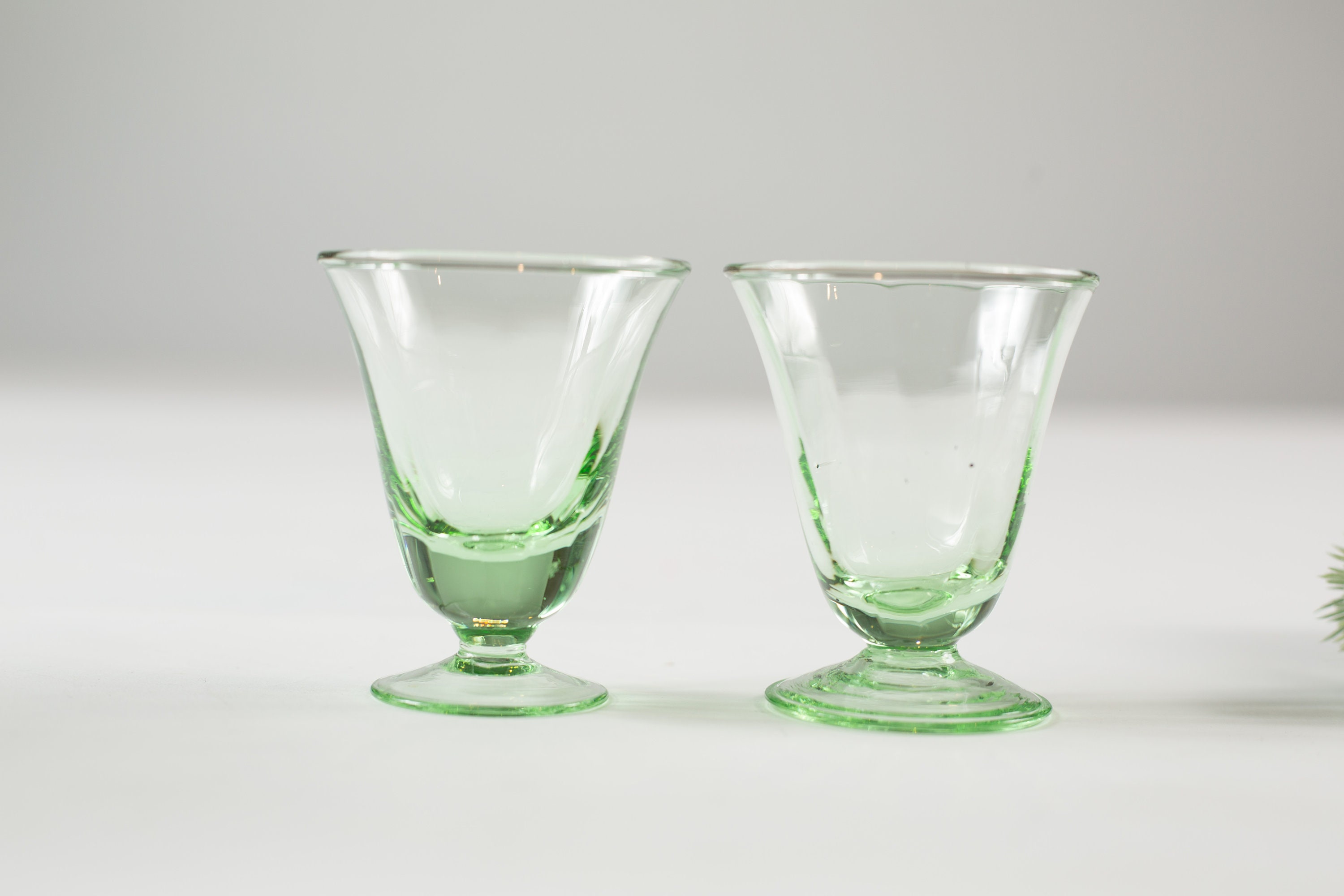 2 Green Apéritif Glasses 2oz Pair of Antique Small Depression Glass