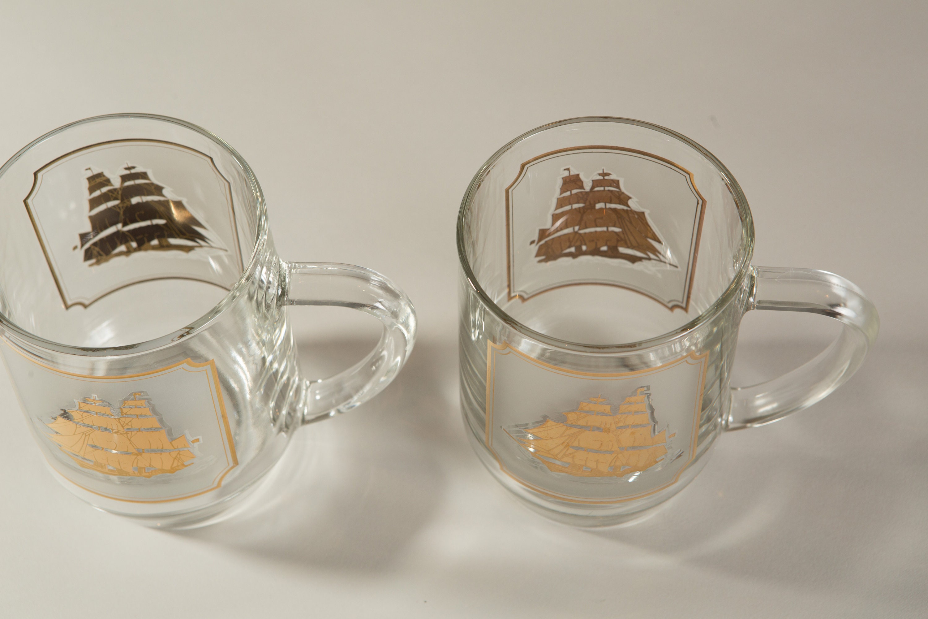 Nautical Ship Mugs Gold Decal Vintage Sailboat Beer / Cocktail Glass