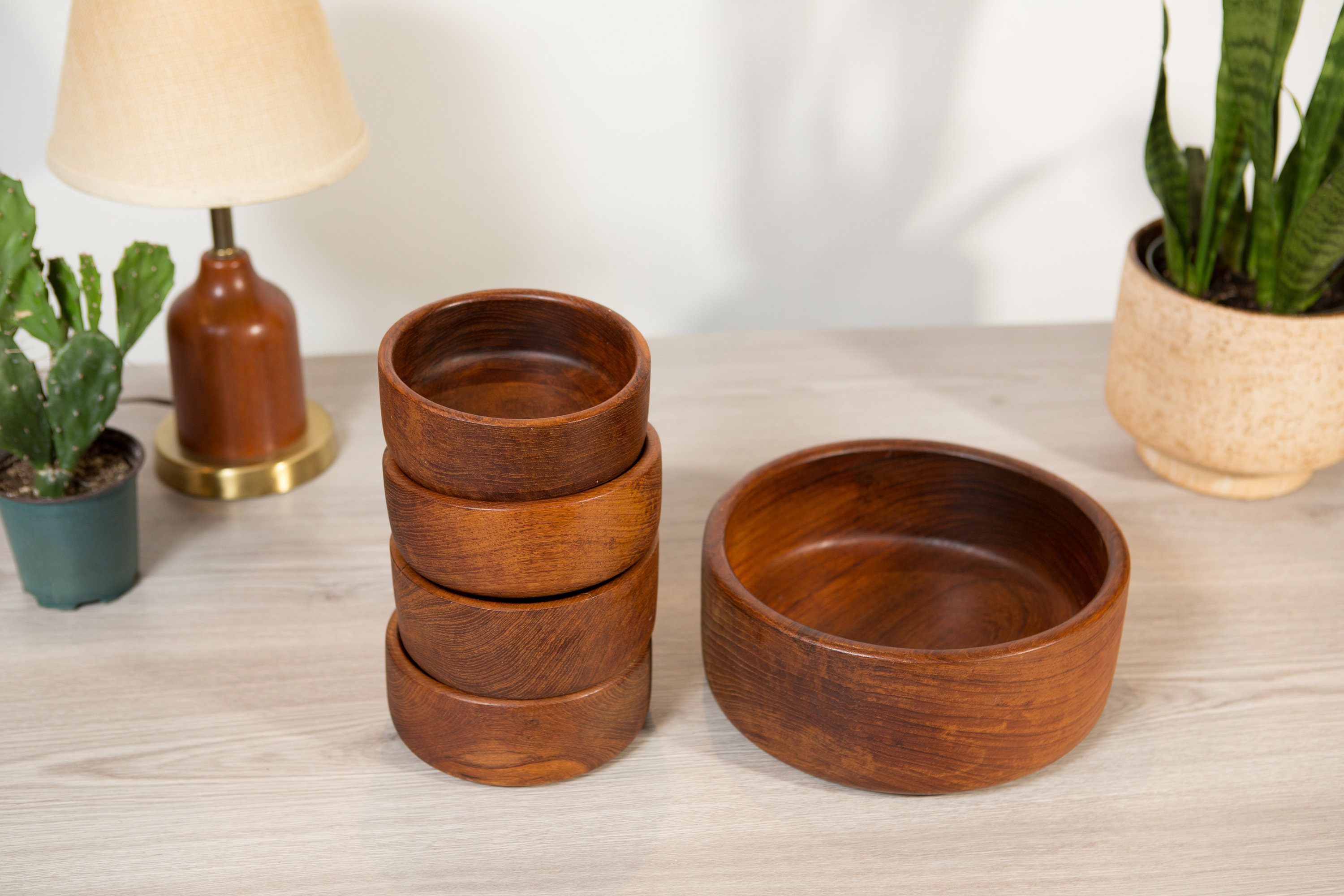 Teak Salad Bowl Set Vintage Solid Exotic Wood Food Safe Serving