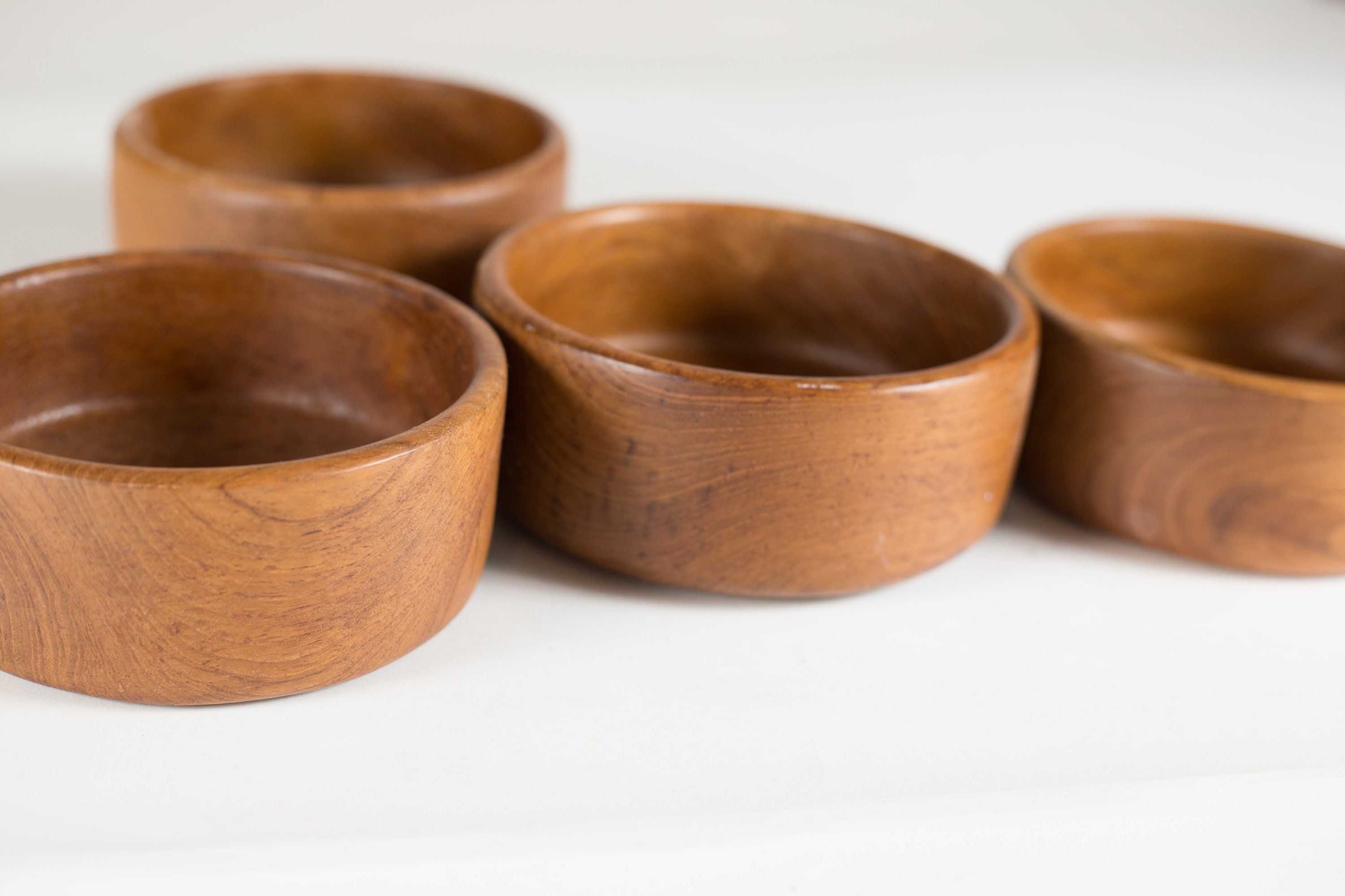 4 Teak Salad Bowls Minimalist Vintage Solid Exotic Wood Food Safe Serving Appetizer Dish