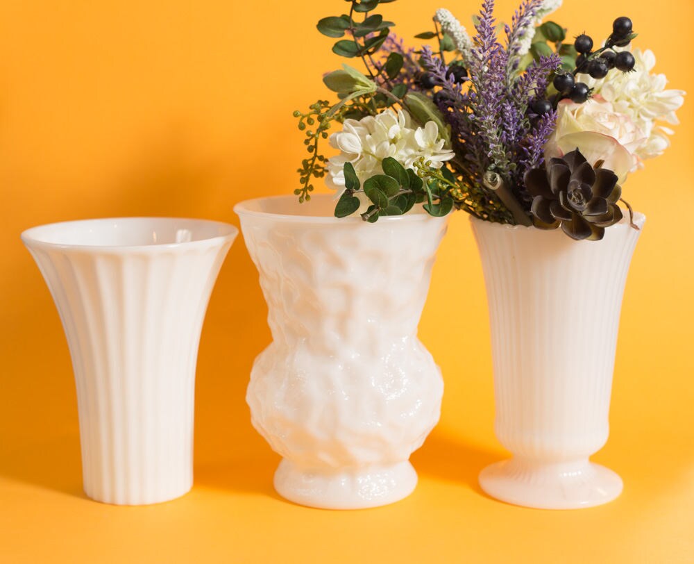 Milk Glass Vases Set of 3 Vintage Mid Century Modern White Flower