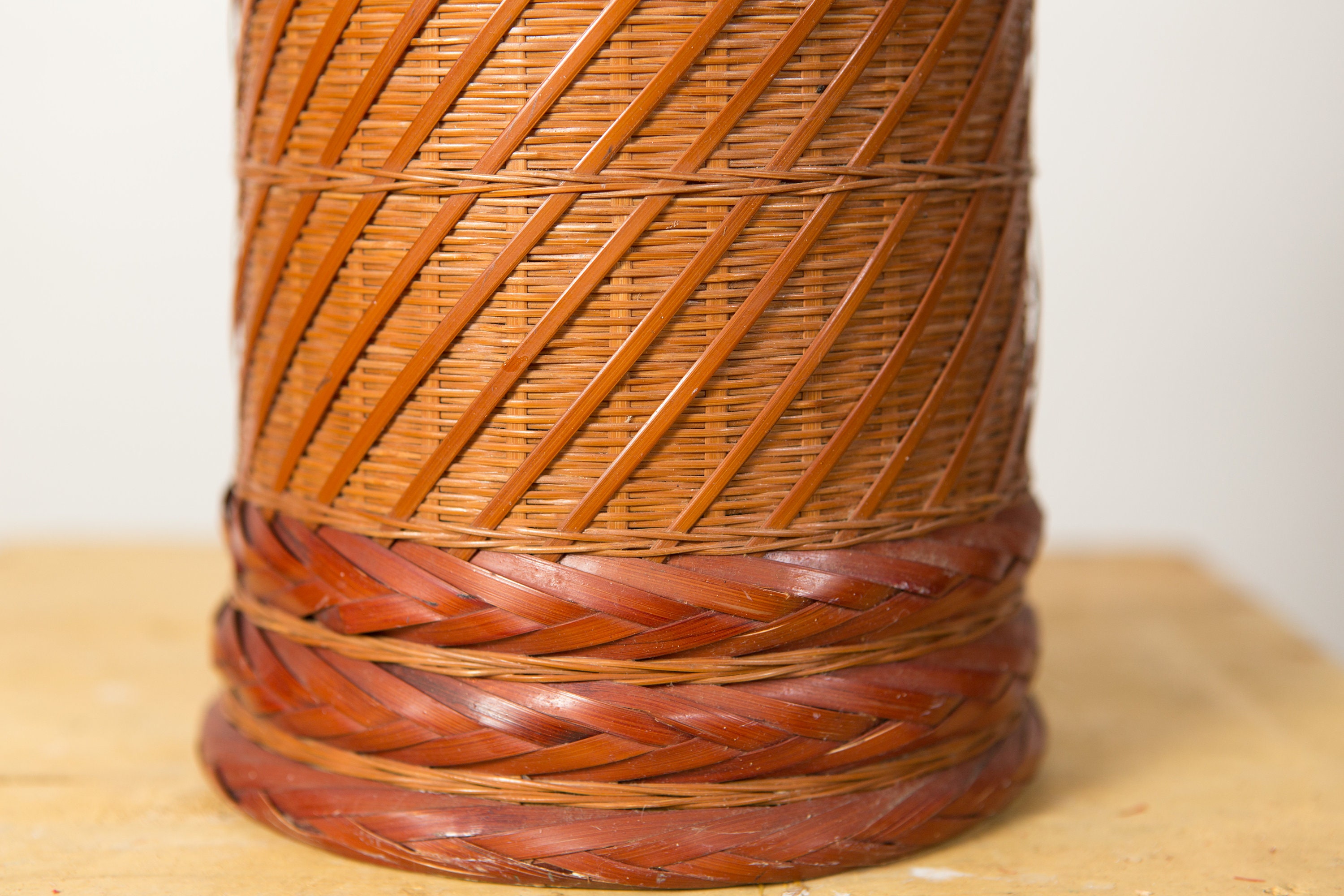 Woven Wicker Vase Large Vintage Rattan Geometric Lidded Flower Basket