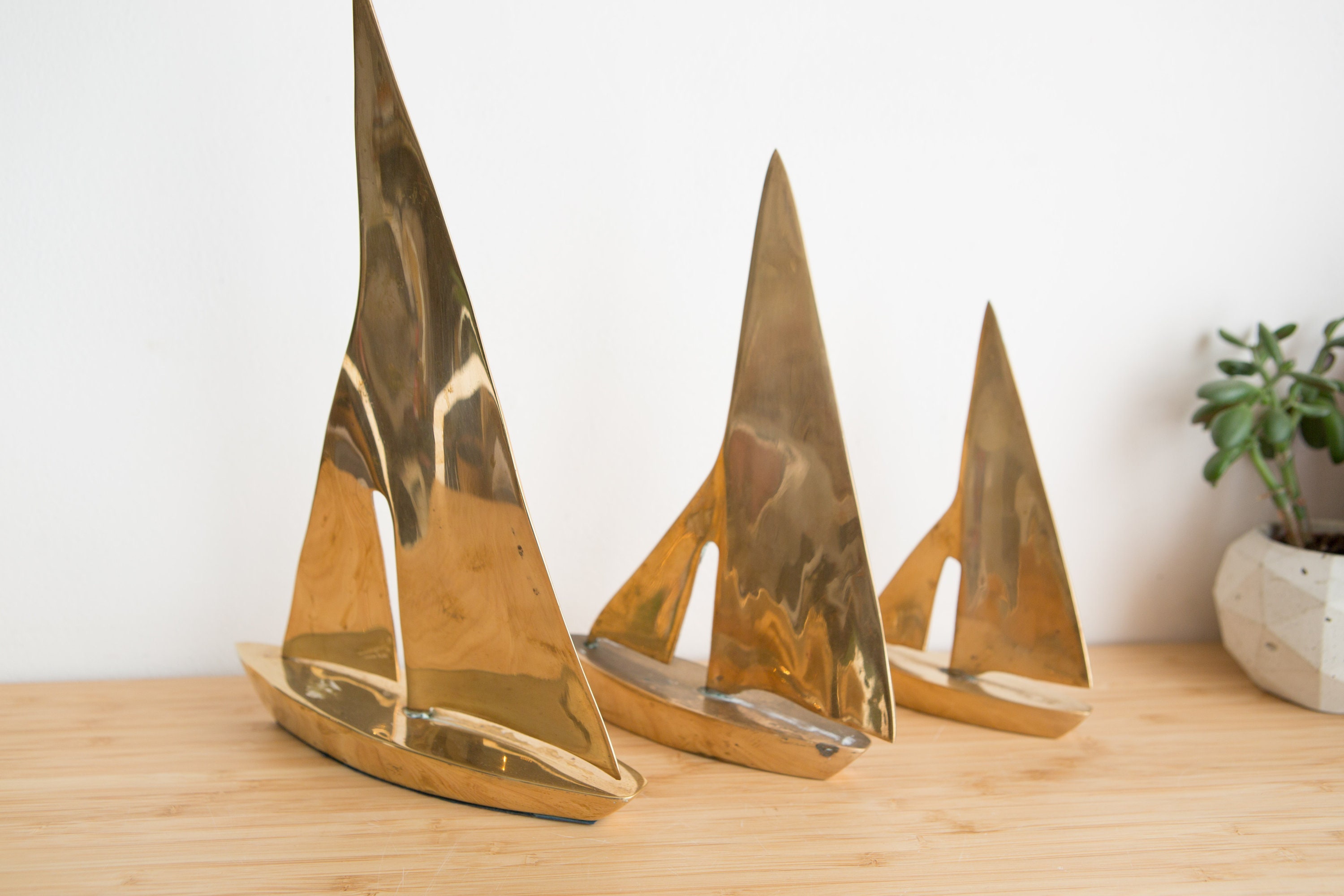 Vintage Brass Sailboats Set of 3 Gold Colored Ship Ornaments Office