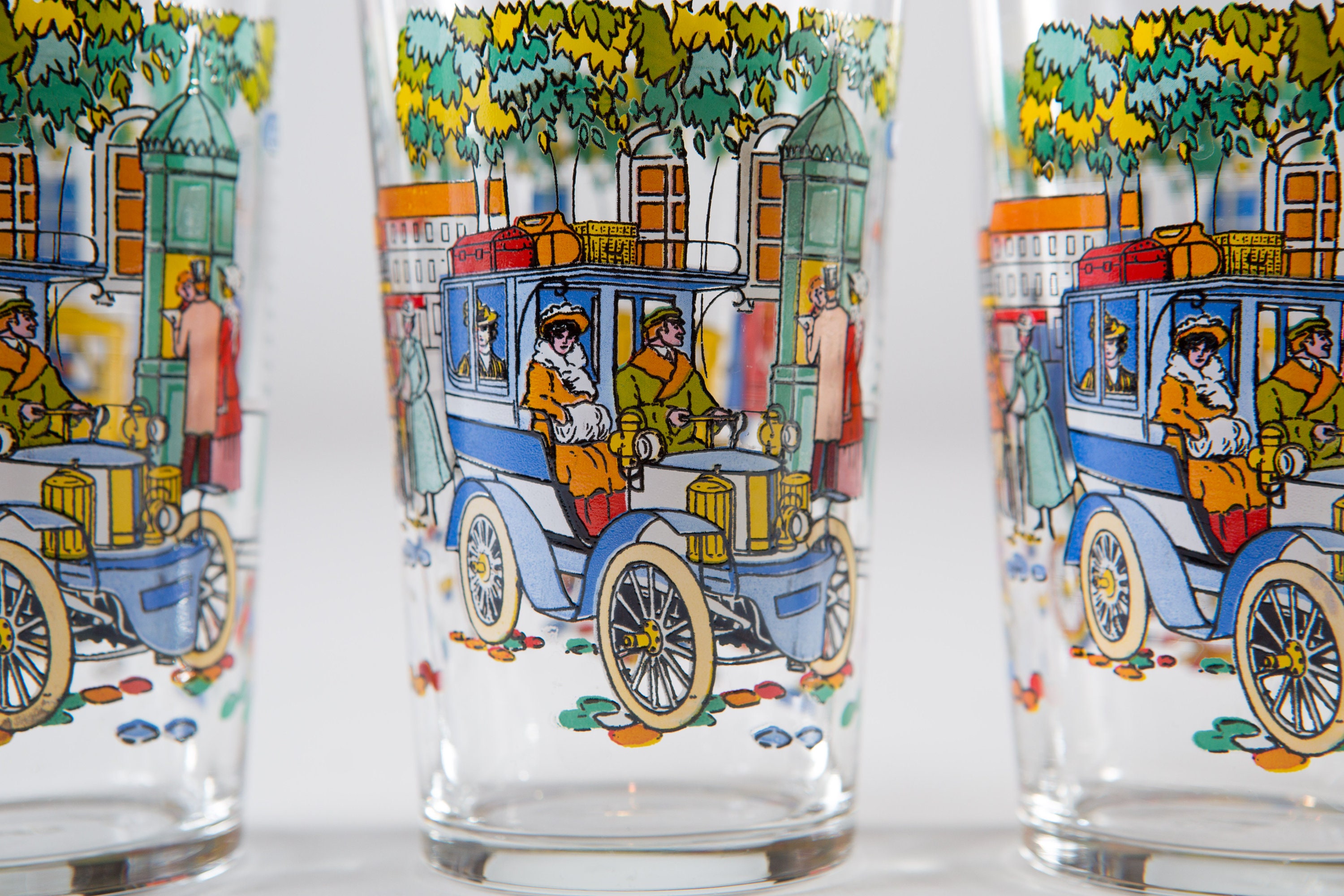 3 Vintage Car Glasses 80z Retro Glassware with victorian Style Images