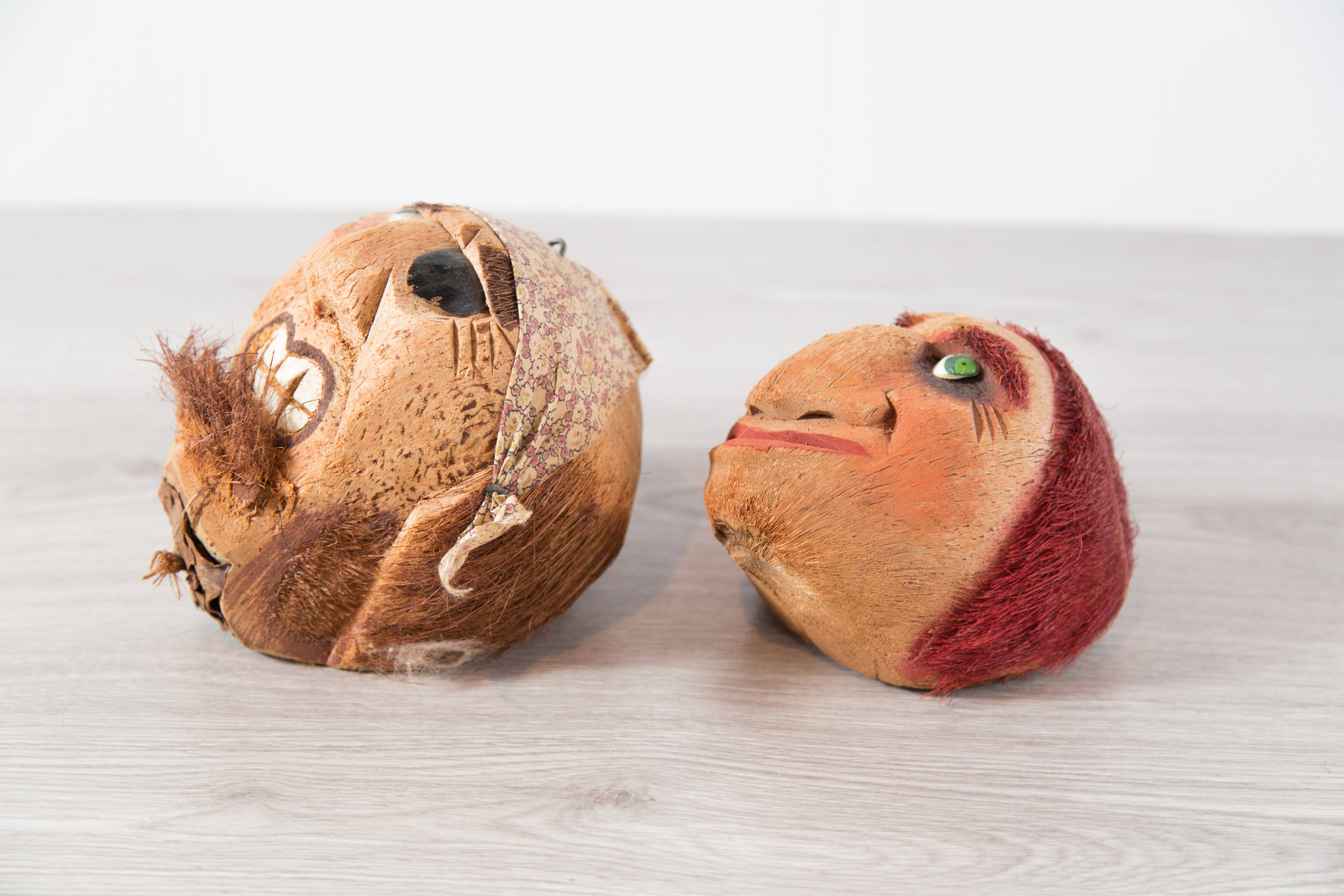 Vintage Coconut Pirate Heads / Pair of Tropical Hanging Carved Coconut
