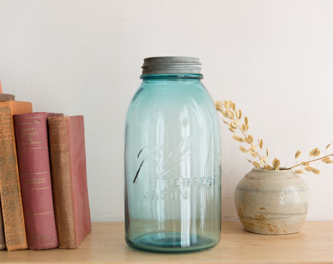 Antique Ball Canning Mason Jar with Blue Tinted Glass - Farmhouse Decor Jar - Canadiana Rustic Kitchen - Canadian Antiques