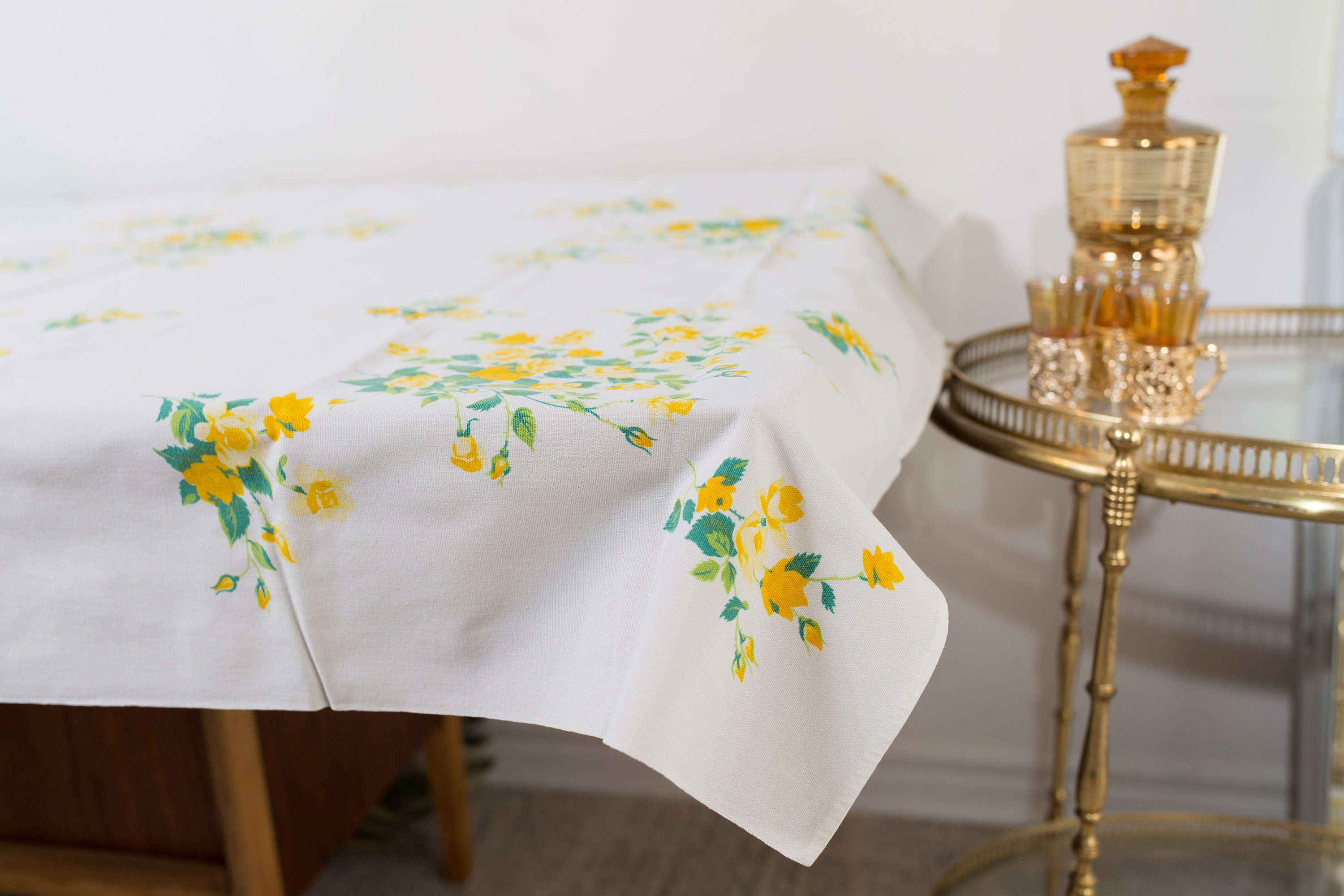 Vintage Ornate Tablecloth 53 x 51 inches 1970's Yellow Flower and