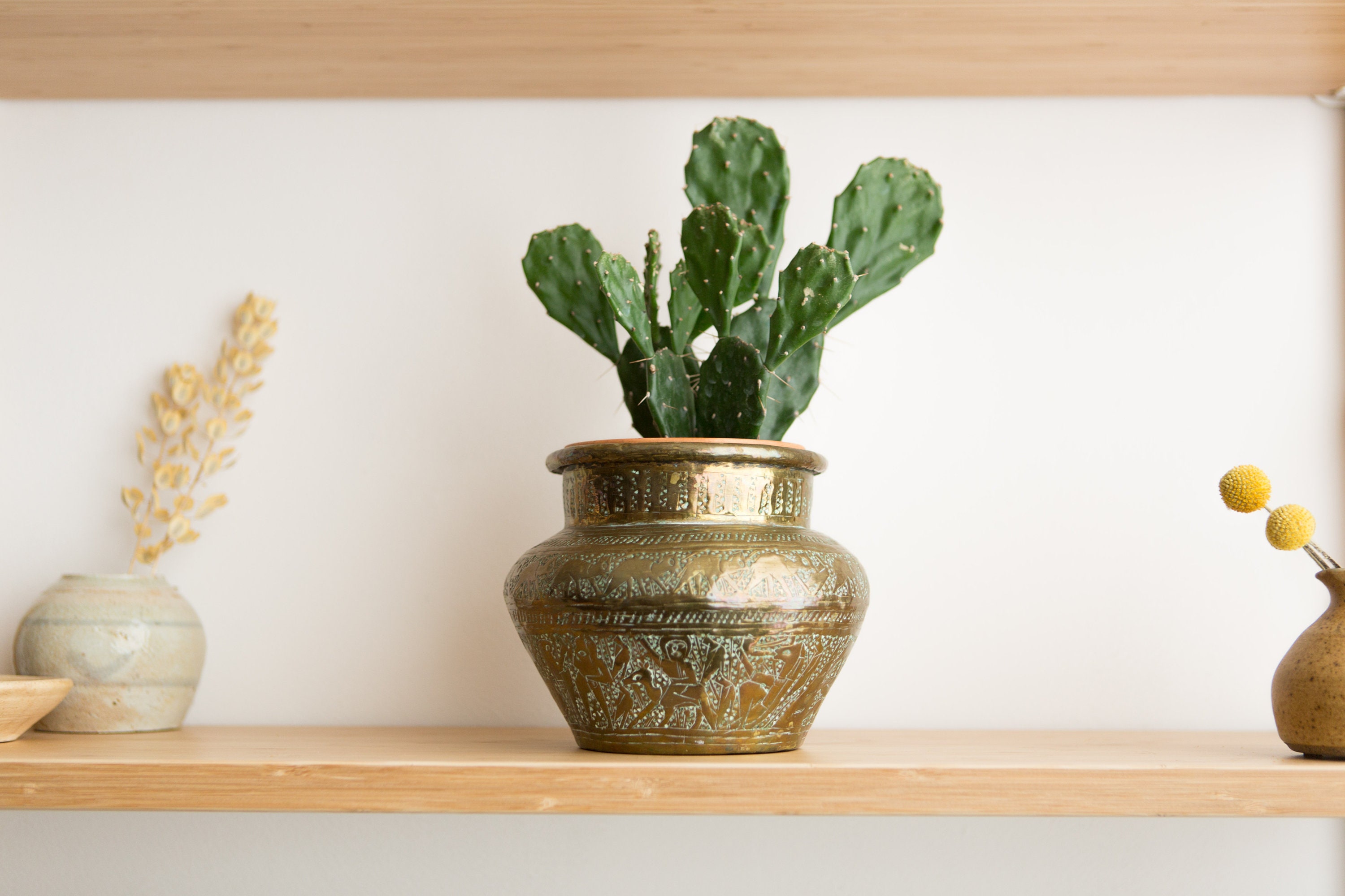 Egyptian Brass Planter Vintage Pot with Pyramids, Sphinx Round