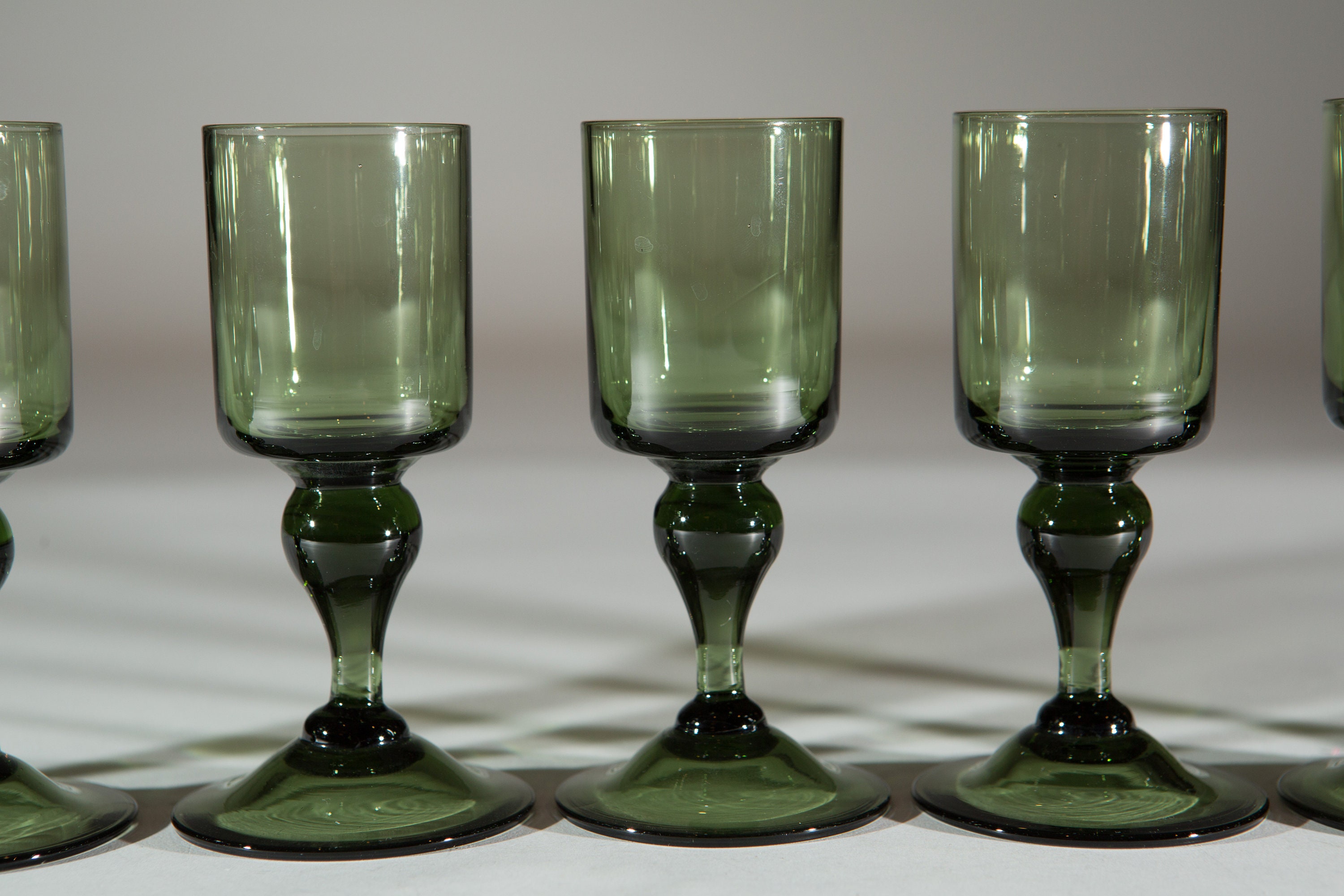 7 Vintage Green Stem Aperitif Glasses 2oz Handblown Southwestern Desert Style Cocktail