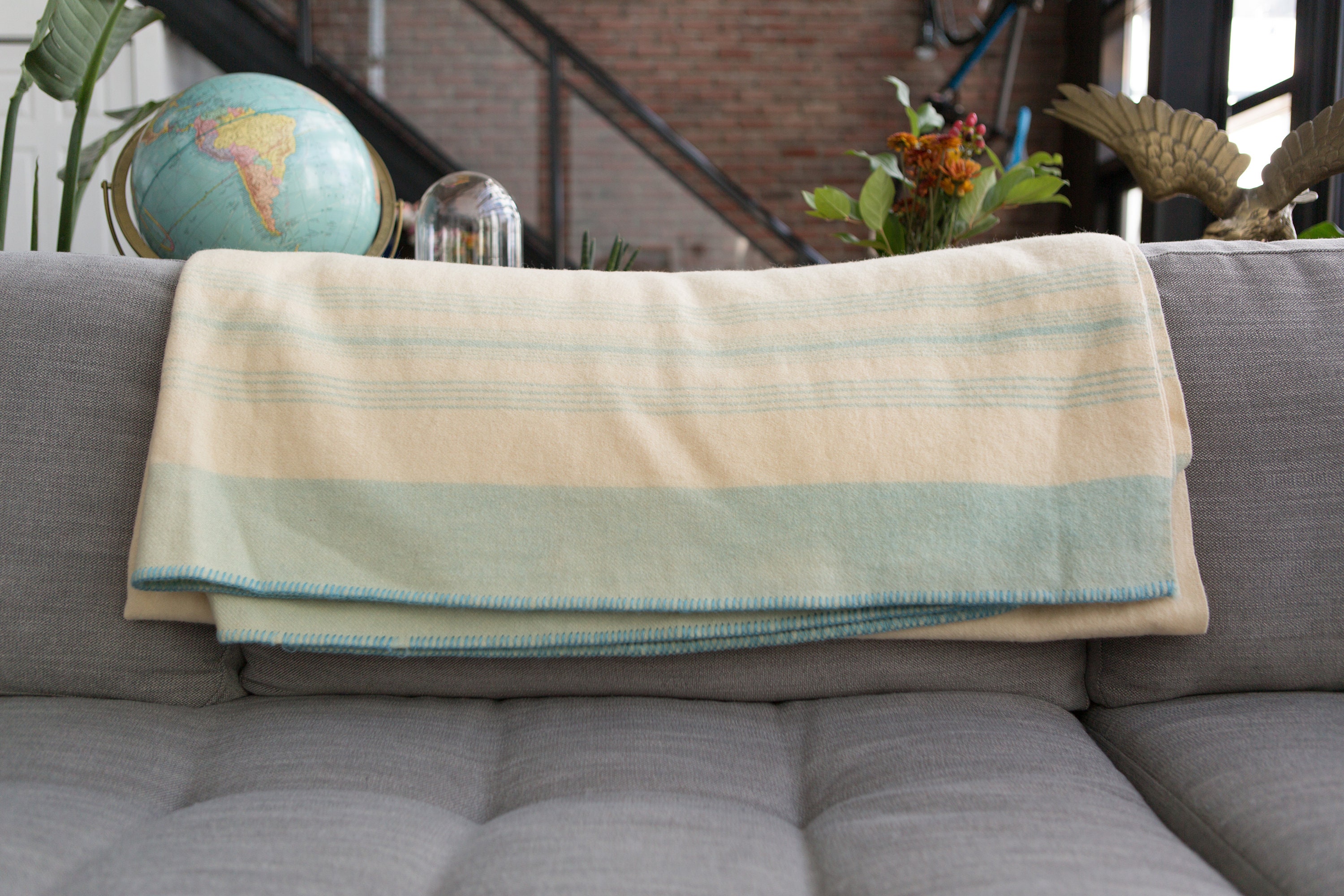 Vintage Striped Blanket Blue and Cream Wool Pinstripe Throw