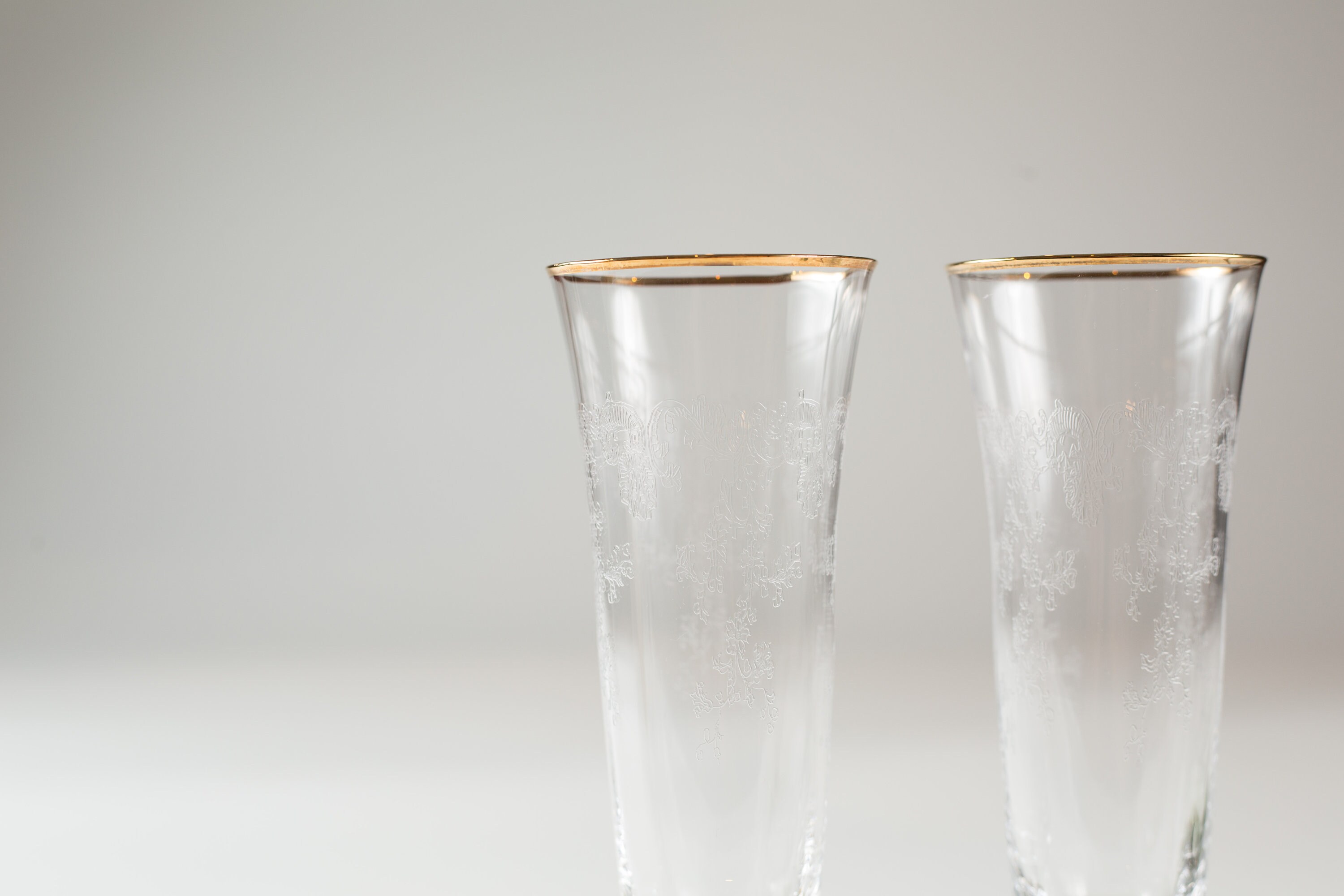 Vintage Champaign Flutes Ornate Etched Glasses with Gold Rims Mid