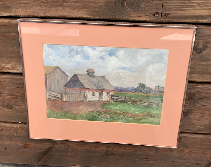 Antique Framed Painting on Paper / Rustic Country Farmhouse Scene with Log Home, Fence, Sky and Trees  - Unsigned Artwork