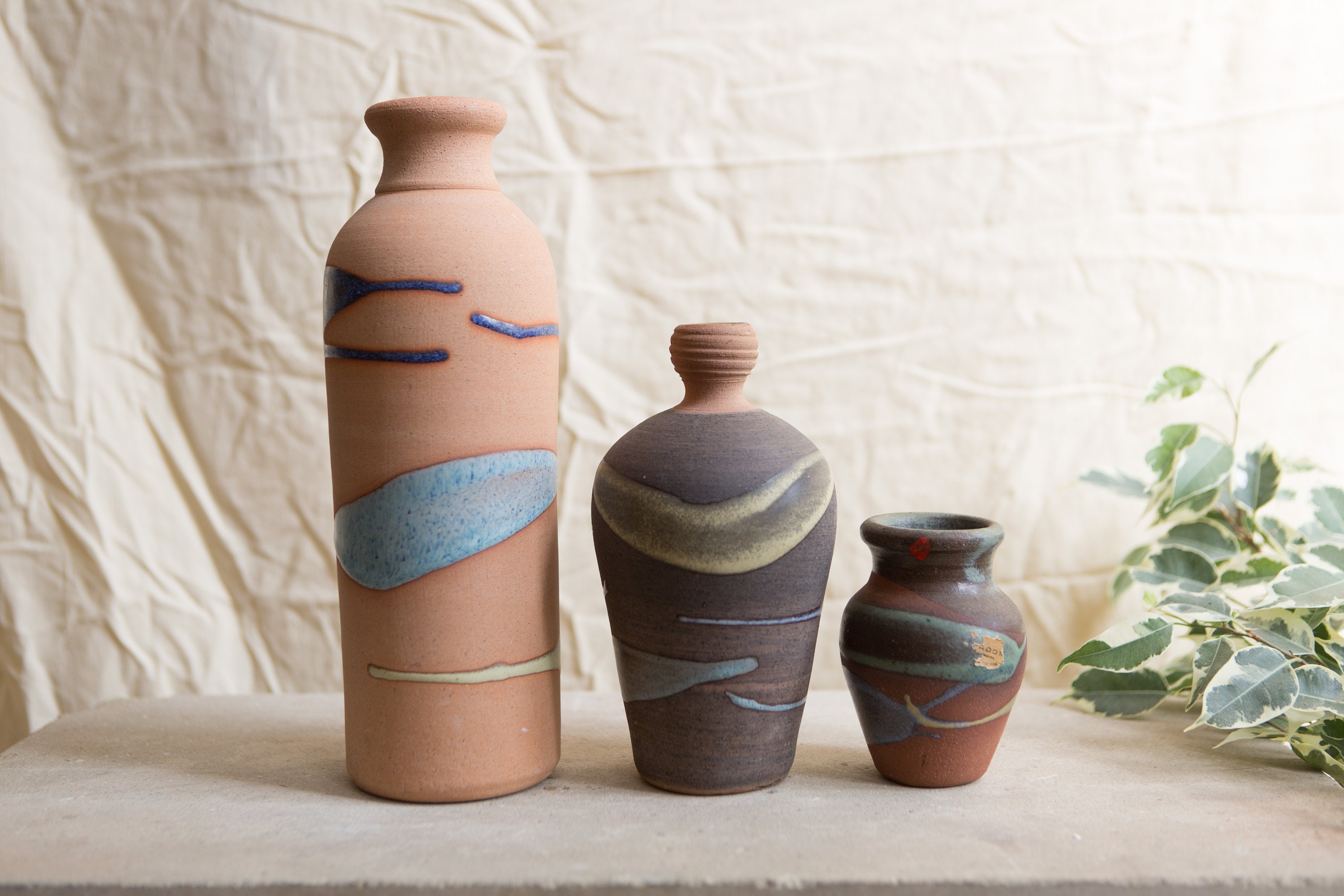 3 Vintage Ceramic Vases Small Tribal Vases Alfa Dom Dominican Republic Studio Pottery