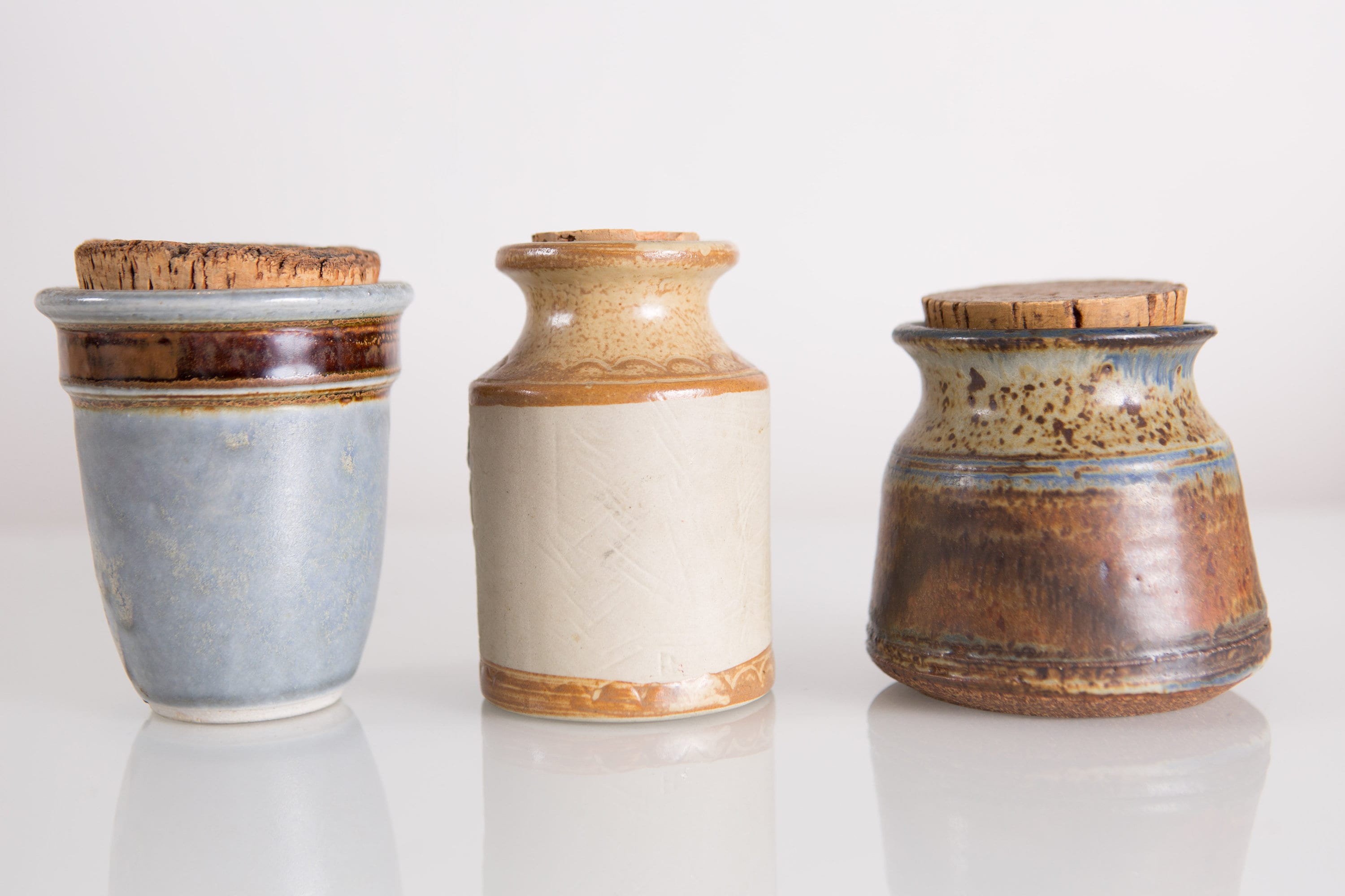 Vintage Ceramic Jars with Cork Stoppers Speckled Earthy Glaze Lidded
