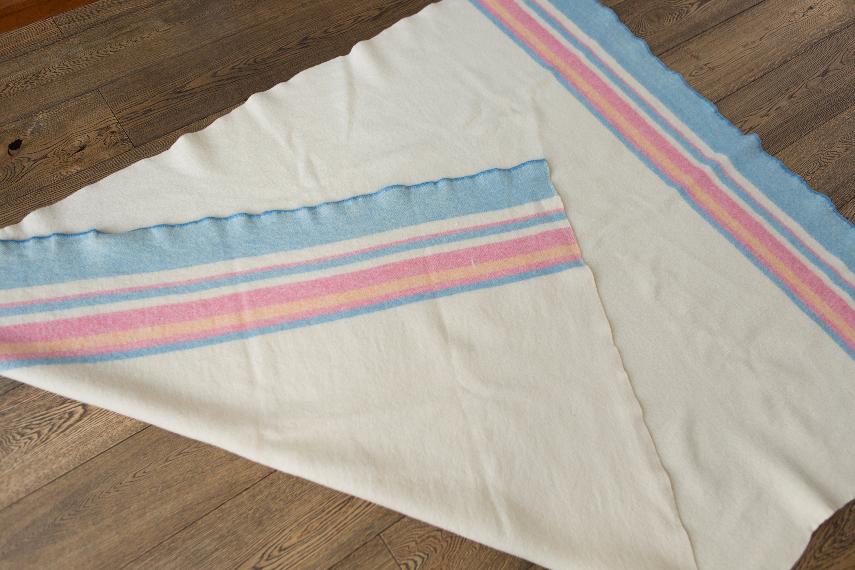 Vintage Striped Blanket Wool Blue and Pink Pinstripe Throw HornBros Woollens Lindsay Made