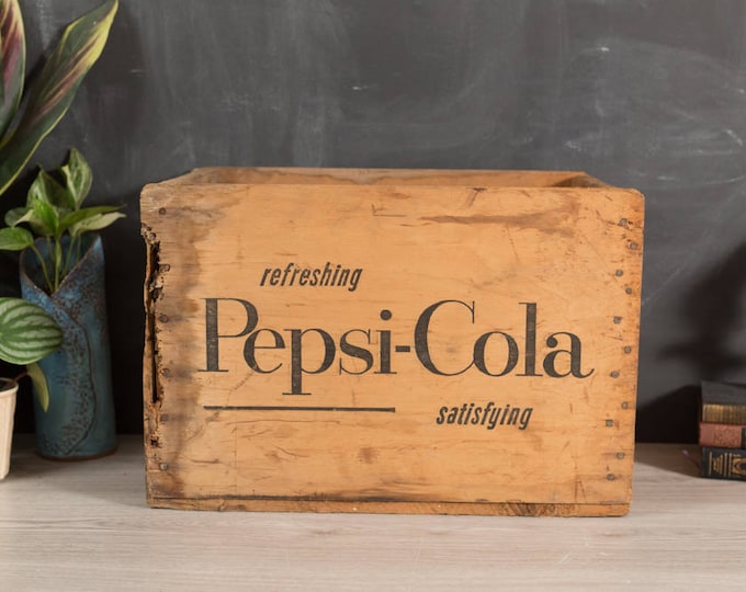 Vintage Soda Crate - Pepsi-Cola Wood Pop Box with Black Letter Advertising - Soda Carrying Case - Home Industrial Rustic Shelving Display
